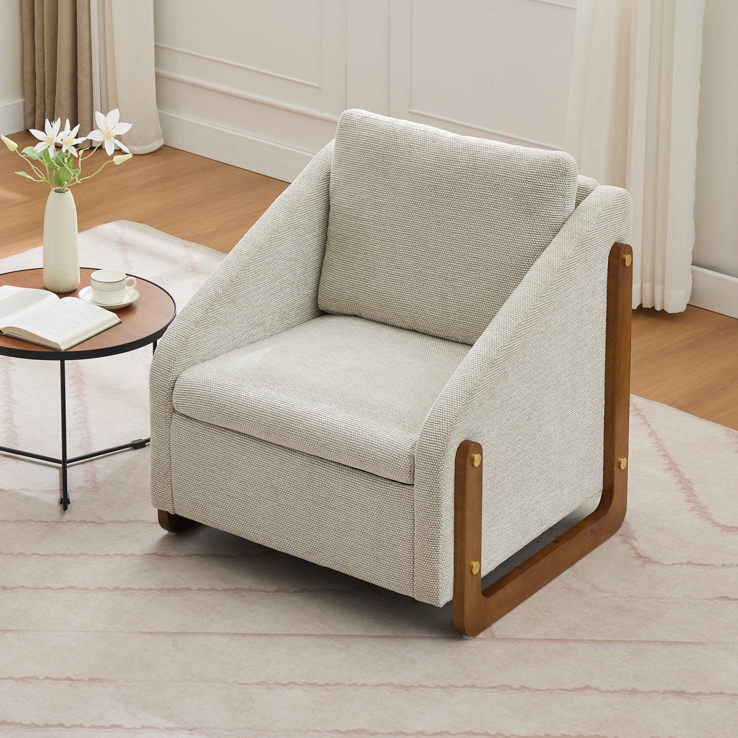 Jopath Modern Upholstered Armchair with Wooden Side Frame, Accent Leisure Chair with Cushioned Seat and Backrest for Living Room Bedroom Chenille Fabric Beige