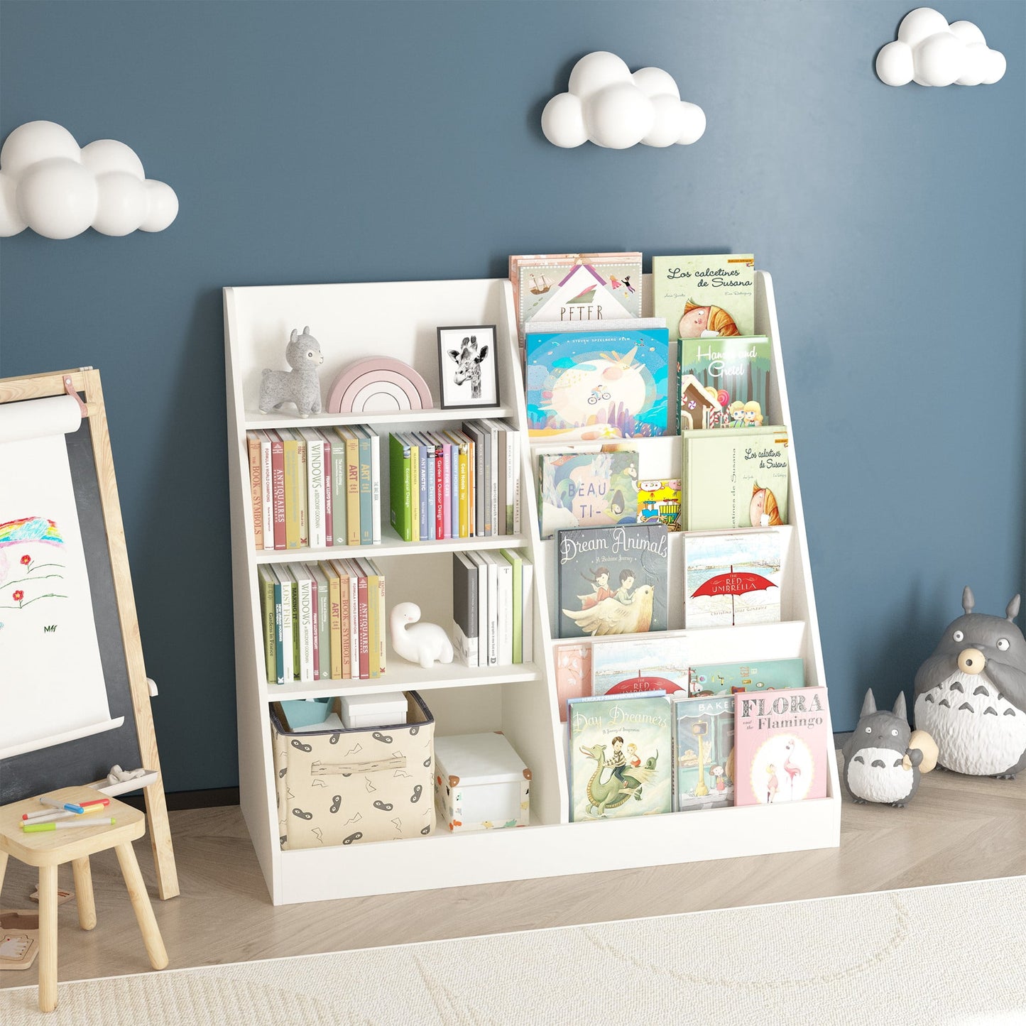 Jopath Multifunctional Kids Bookshelf Toy Storage Organizer,4 Tier Wooden Book Shelf with Display Stand for Playroom,Living Room,White02