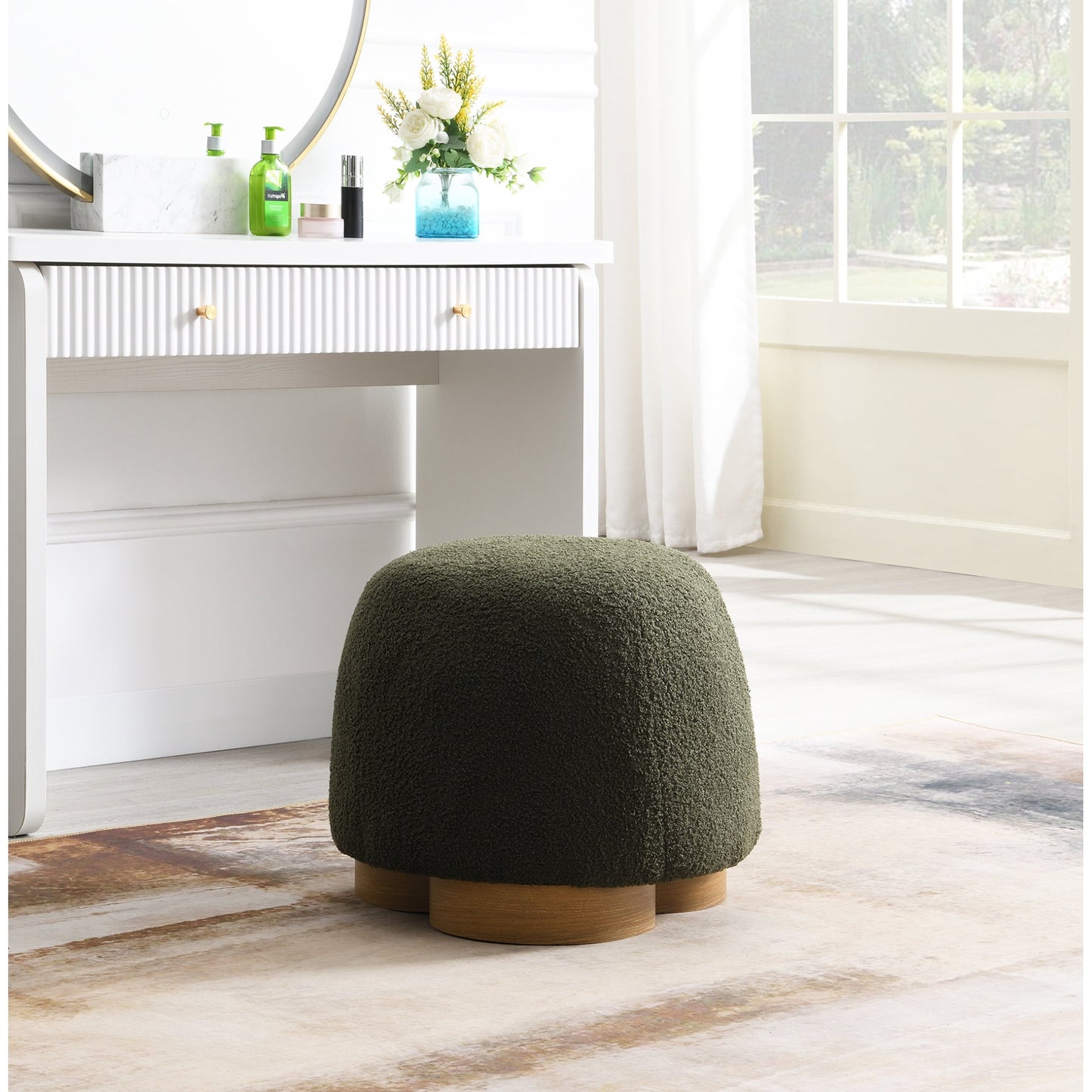 Jopath Round Ottoman, Footstool with Soft Padded Seat Sofa Couch Footrest for Bedroom Entryway White