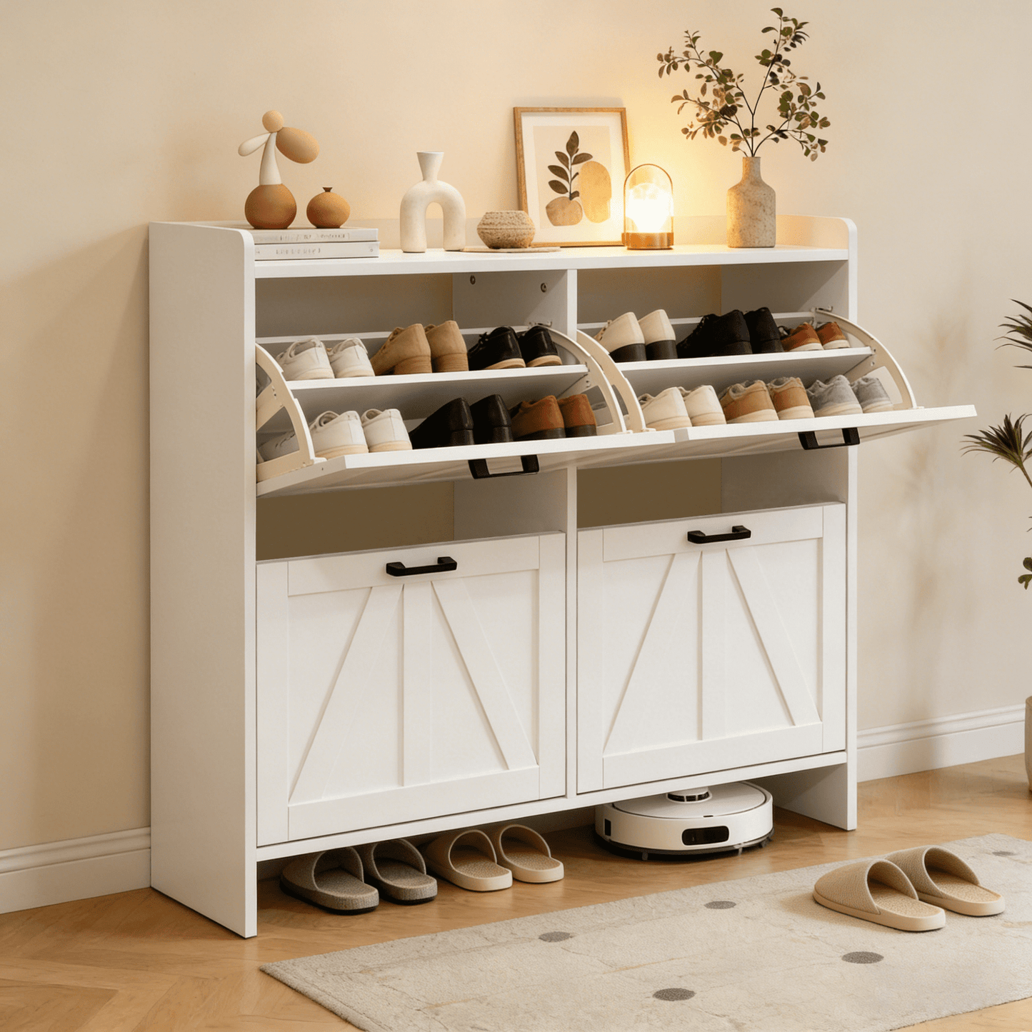 Jopath Modern Fence Shoe Cabinet with 4 Flip Drawers, Sleek Space-Saving for Entryway Living Room Light Oak