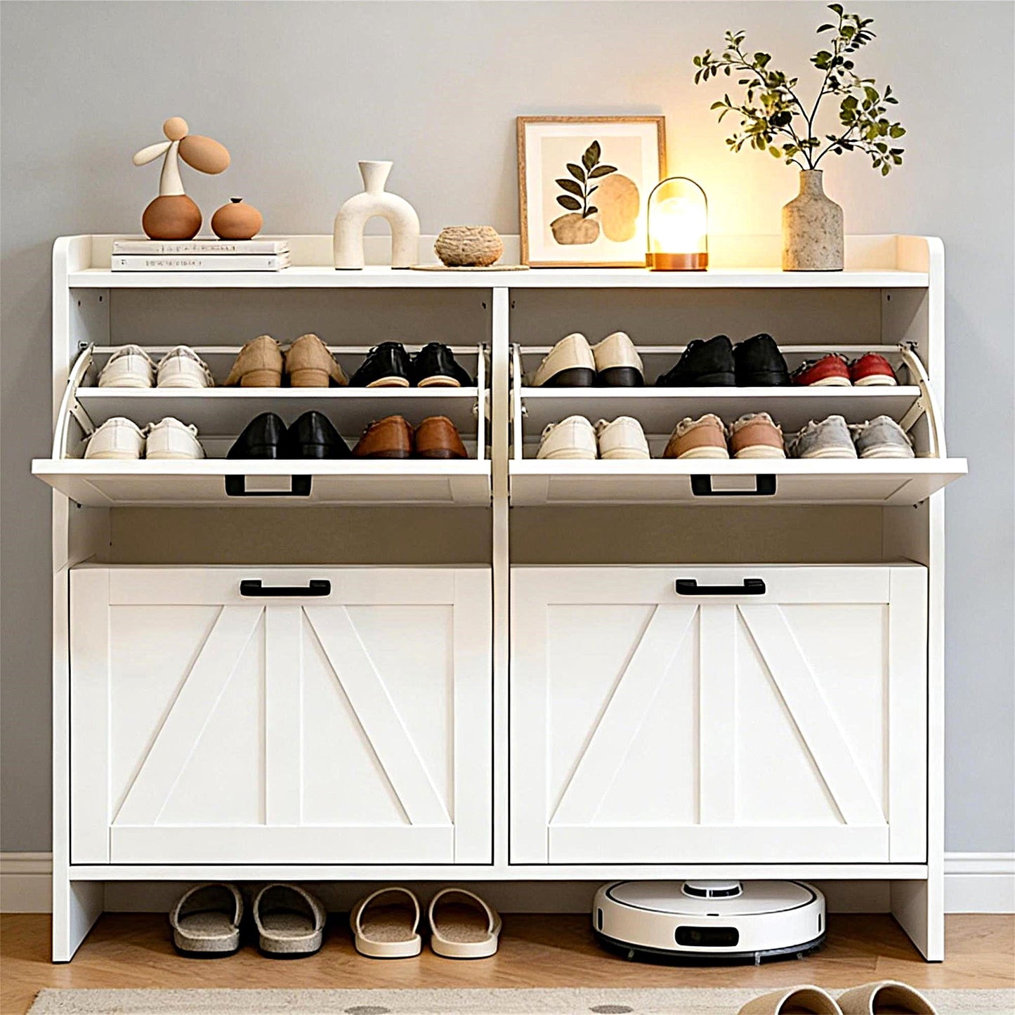 Jopath Shoe Cabinet with 4 Flip Drawers, Sleek Space-Saving Rustic Barn-Door for Entryway Living Room White