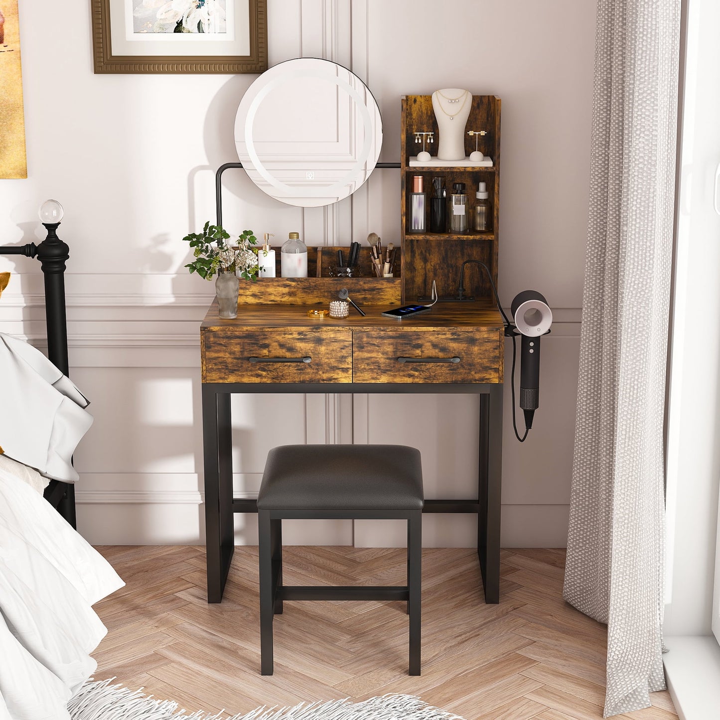 Jopath Vanity Desk with Mirror and Lights,Makeup Vanity Table with 2 Drawers and Metal Leg,Dressing Table for Bedroom,Dressing Room,Brown