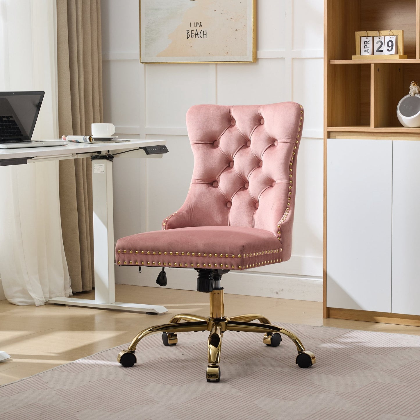 Jopath Velvet Home Office Desk Chair with Wheels & Gold Base, Makeup Vanity Chair with Tufted Back, Adjustable Desk Chair Swivel Office Chair for Bedroom, Pink
