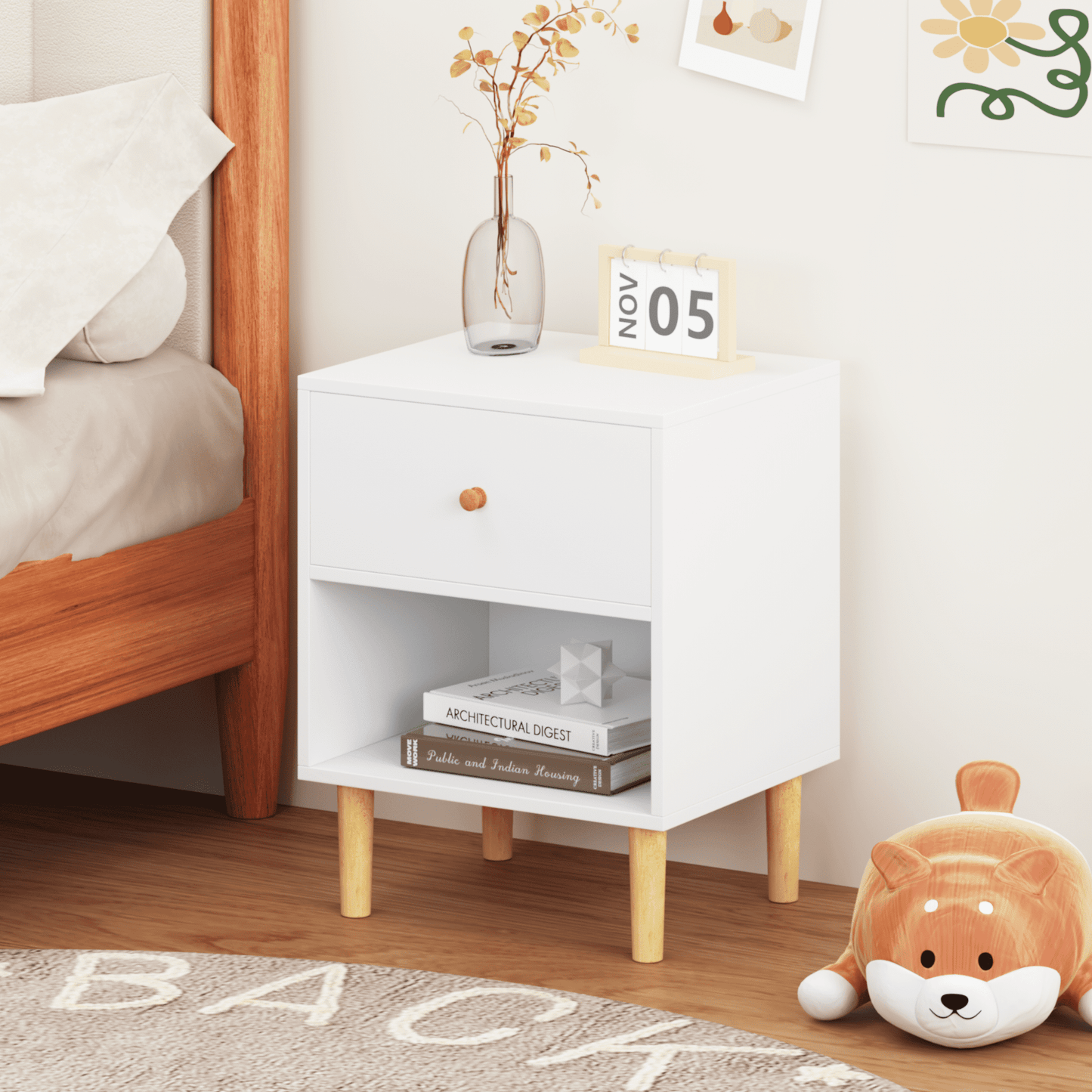 Jopath Wooden Nightstand with Drawers & Shelf Bedside End Table for Apartmen,Bedroom,White02