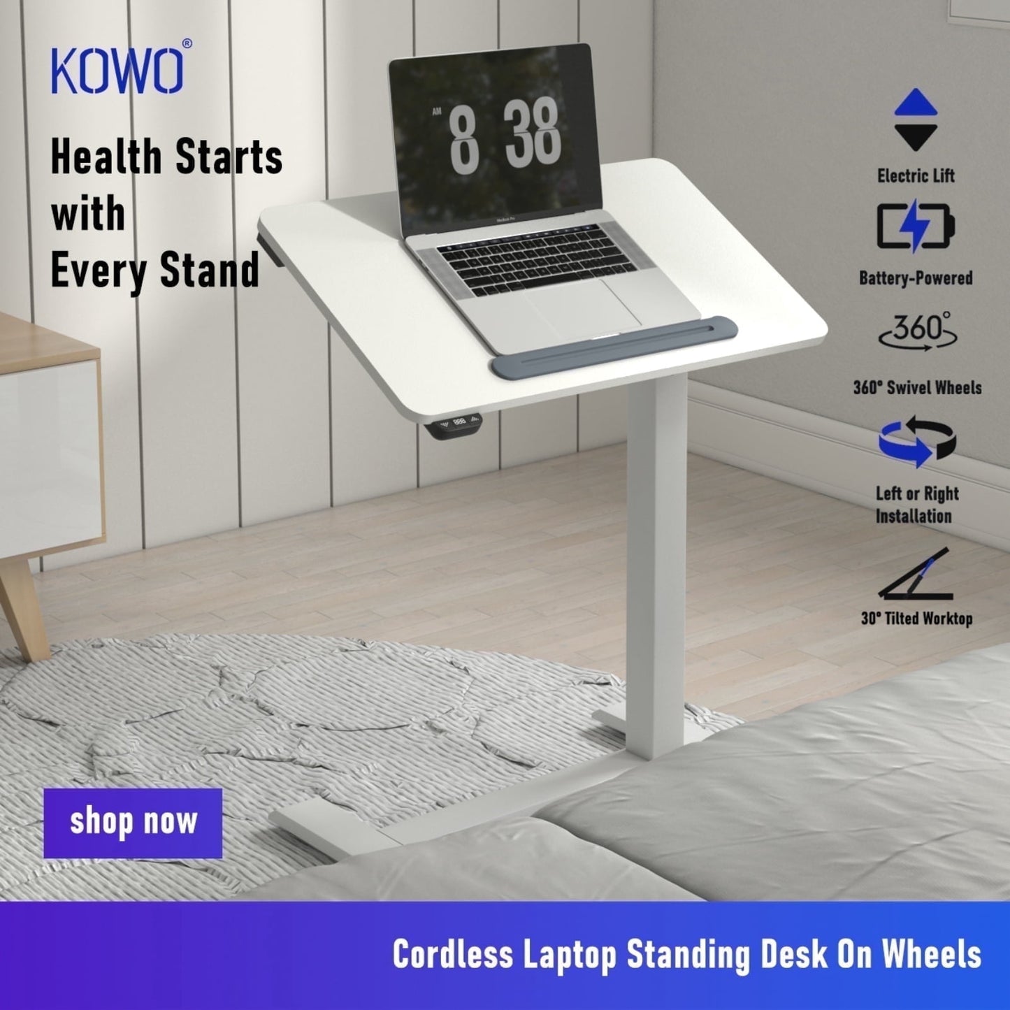 K30016 Electric Height Adjustable Soft Side End Table,Adult Lap Desks,27.5 in x 15.7 in, White, 1Pack