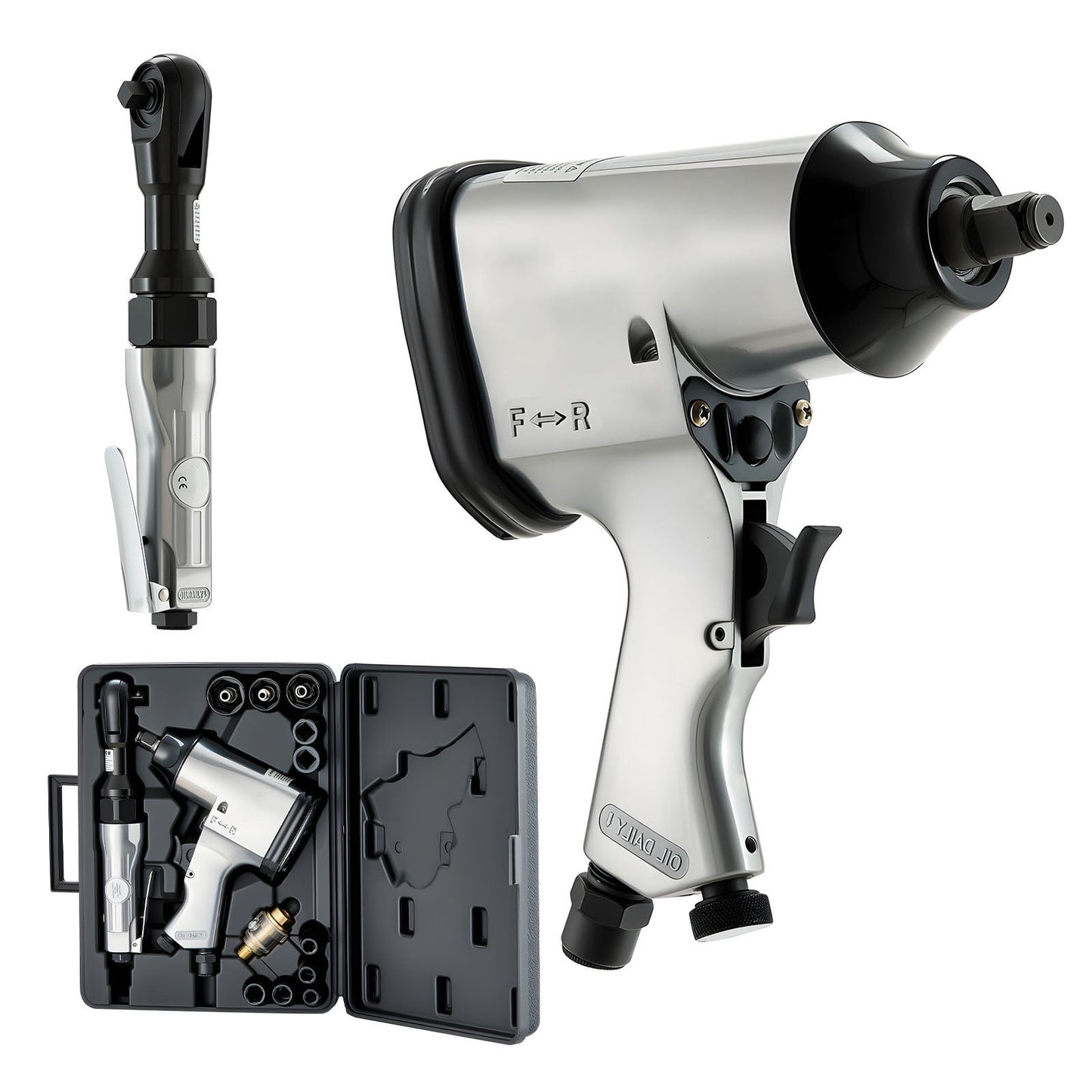 KFFKFF 1/2" Air Impact Wrench & 3/8" Ratchet Wrench Set, 19-Piece Professional Air Tool Kit with 10 CR-V Steel Impact Sockets and Carrying Case for Automotive Repairs and DIY Projects