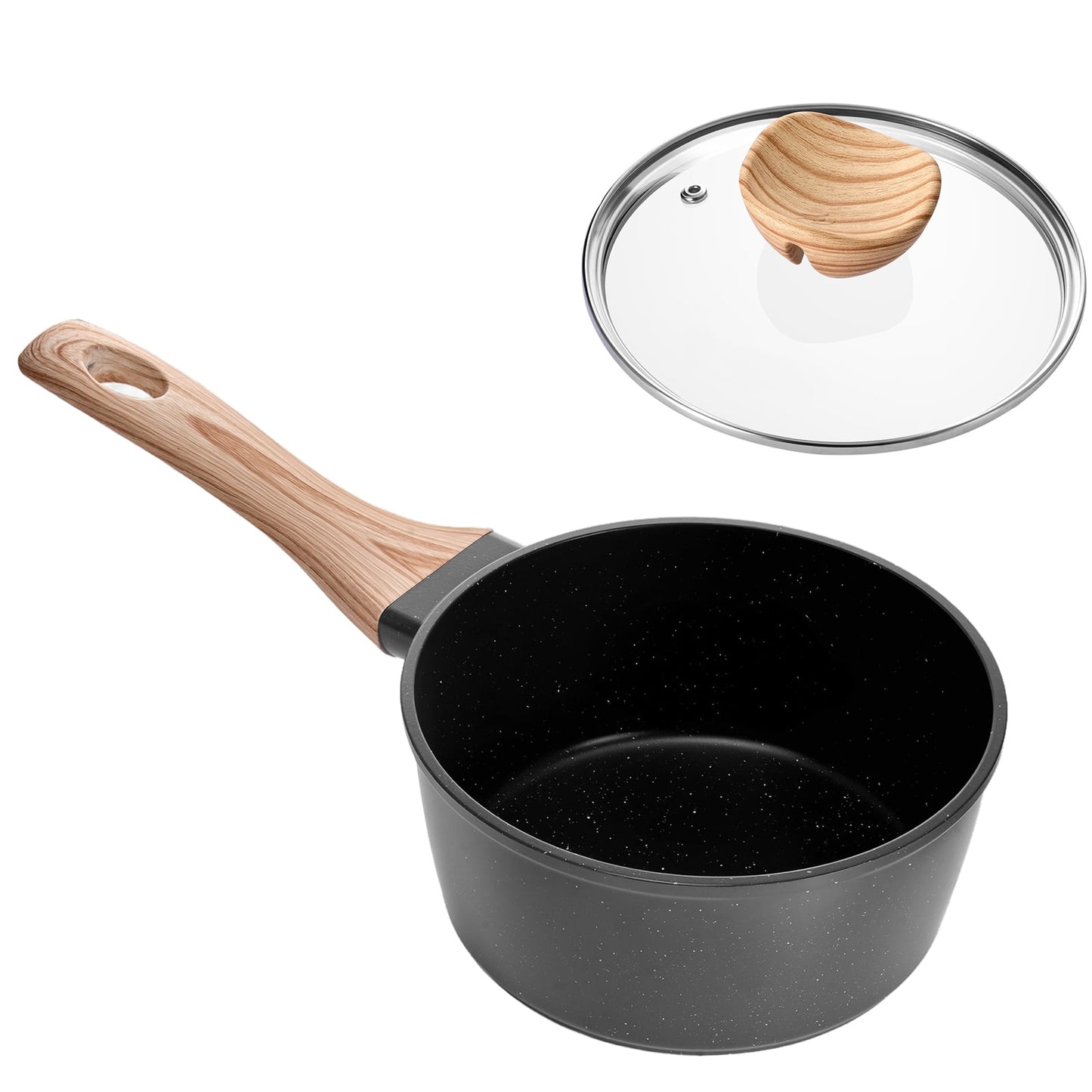 KFFKFF 1.5 QT Nonstick Saucepan with Tempered Glass Lid, Versatile Cooking Pot with Removable Handle, Small Kitchen Sauce Pan with Coating, Suitable for Induction Cooktops, Black