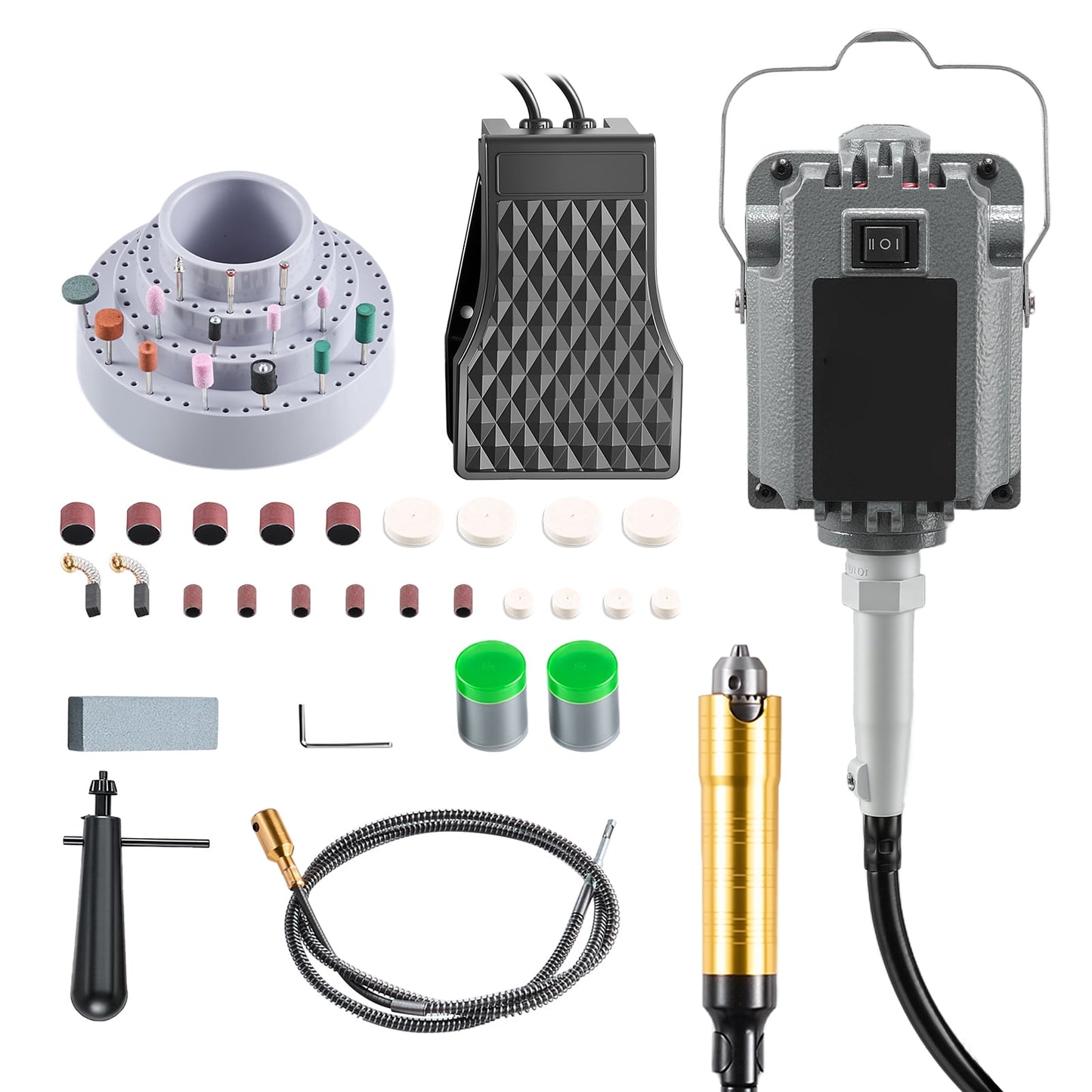 KFFKFF 1200W Electric Flex Shaft Grinder with Foot Pedal Control, 30000RPM Rotary Tool Kit, Includes 112 Accessories for Sanding, Polishing, Cutting, and Buffing