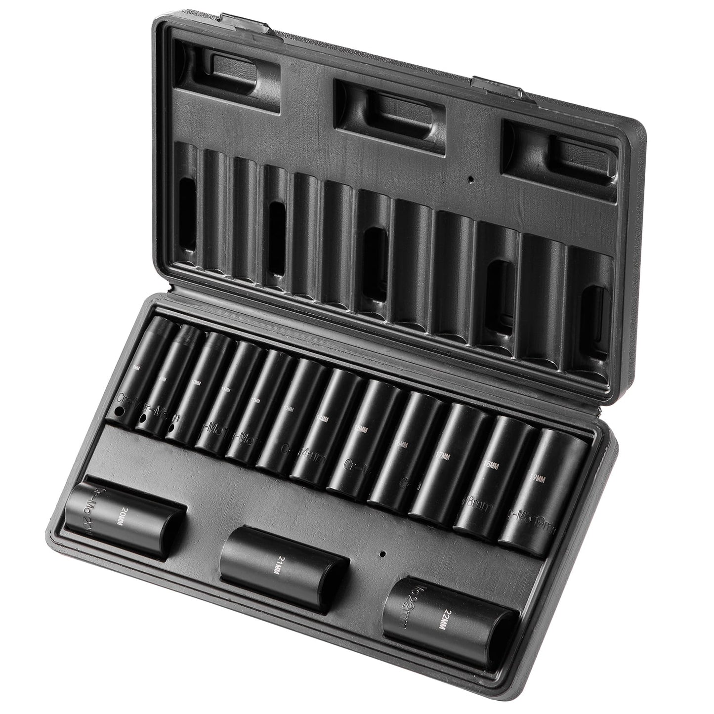 KFFKFF Juego de 15 Piezas de Casquillos de Impacto Profundo, Transmisión de 3/8", Métrico 8-22 Mm, 6 Puntos, Acero Cr-Mo, para Mantenimiento de VehÃculos, Etiquetas de Tamaño Transparente, Construcción Duradera, Viene con Estuche