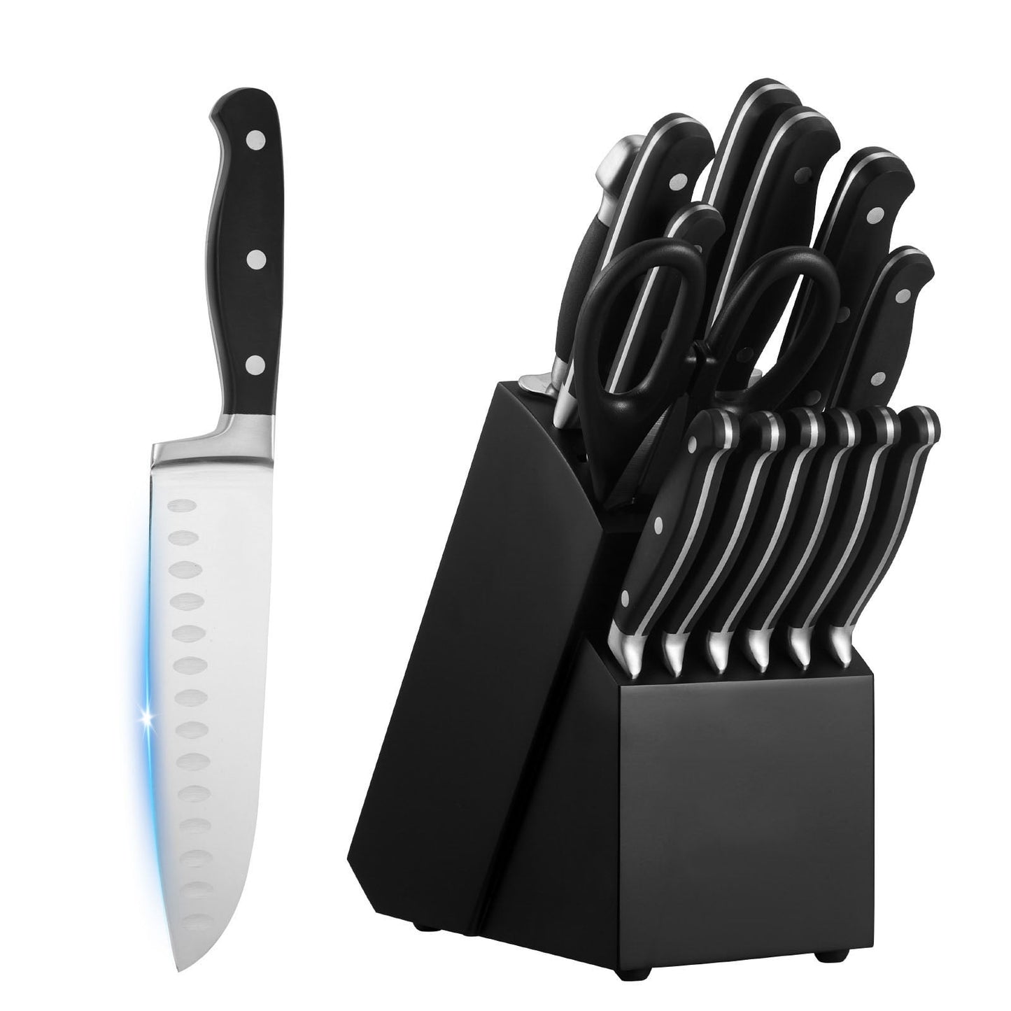 KFFKFF 15-Piece Kitchen Knife Set with Wooden Block and Sharpener, High Carbon Stainless Steel Blades, Durable Handles, Sharpening Rod, Ideal for Home Cooking