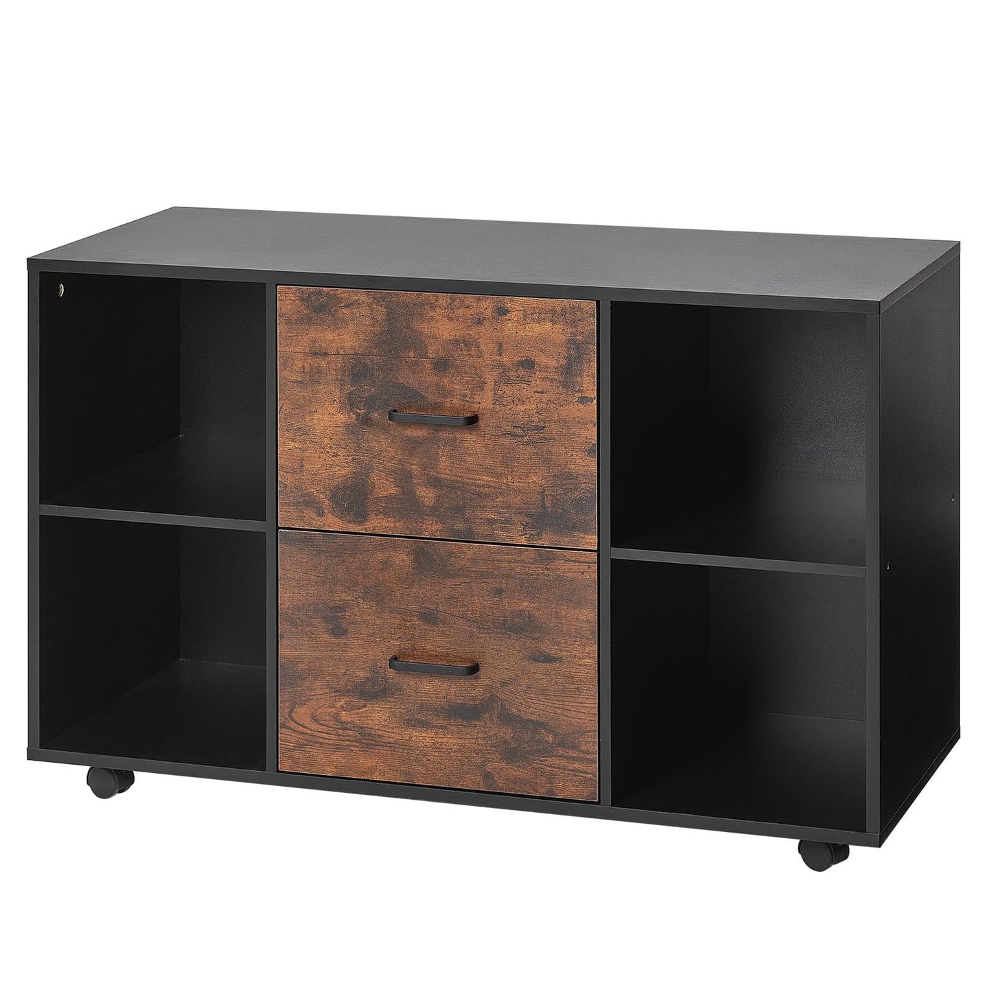 KFFKFF 2-Drawer Wooden File Cabinet with Open Shelves, Mobile Filing Unit with Lockable Wheels, Modern Rolling Printer Stand for Home, Office, or School, Black