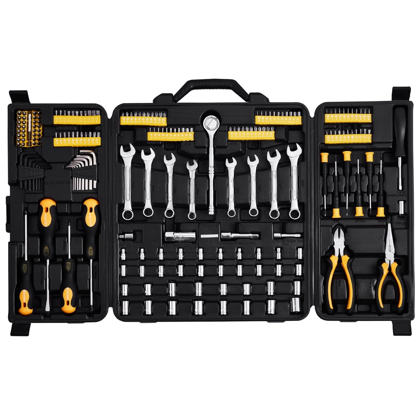 KFFKFF 221-Piece Mechanics Tool Set with SAE and Metric Sockets, Bits, Wrenches, Ratchet Handle, Accessories, and Durable Plastic Storage Case for Automotive Maintenance