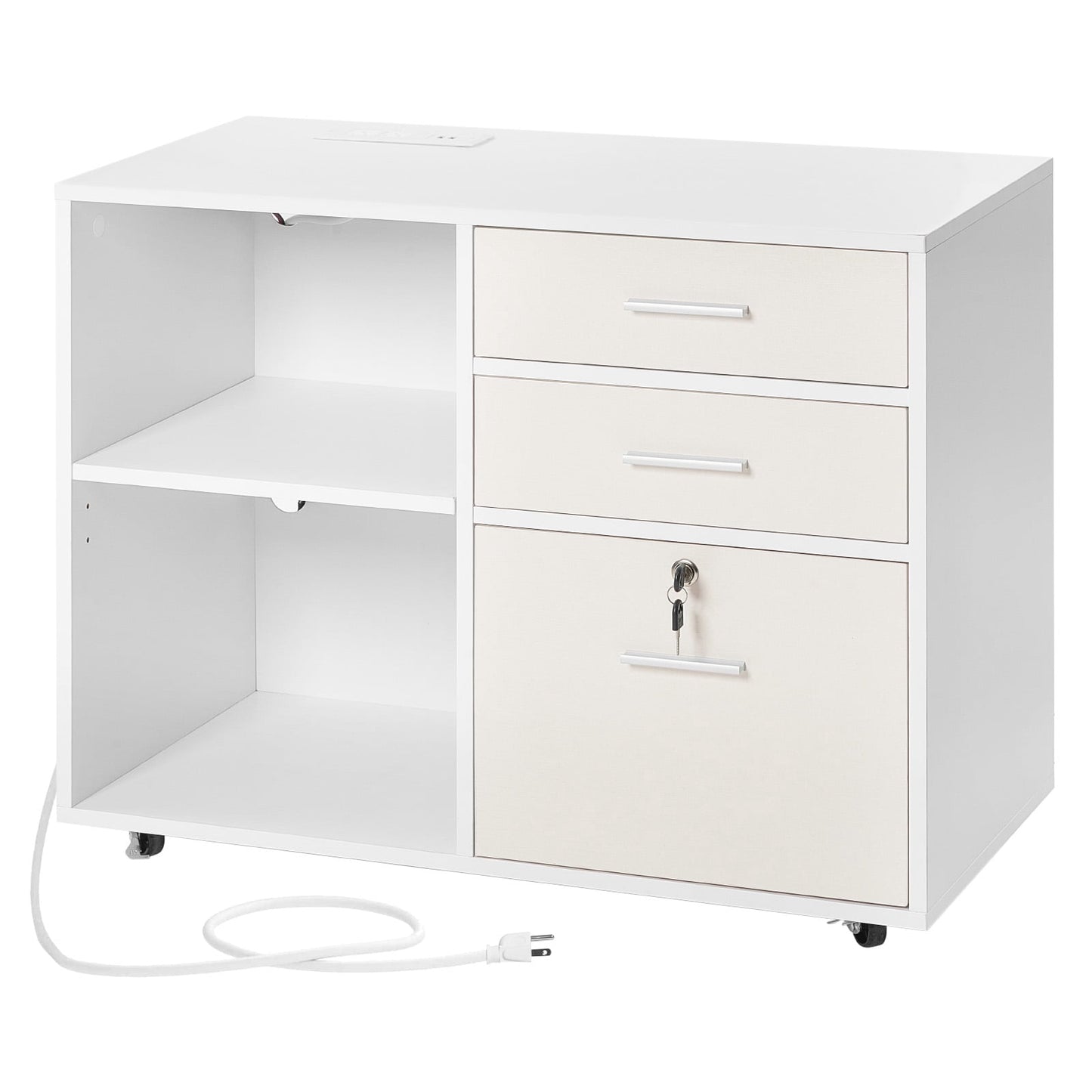 KFFKFF 3-Drawer Wooden File Cabinet with LED Light, Lockable Rolling Storage Unit with Adjustable Shelves & 5 Wheels, Freestanding Printer Stand for Home, Office, or School, White