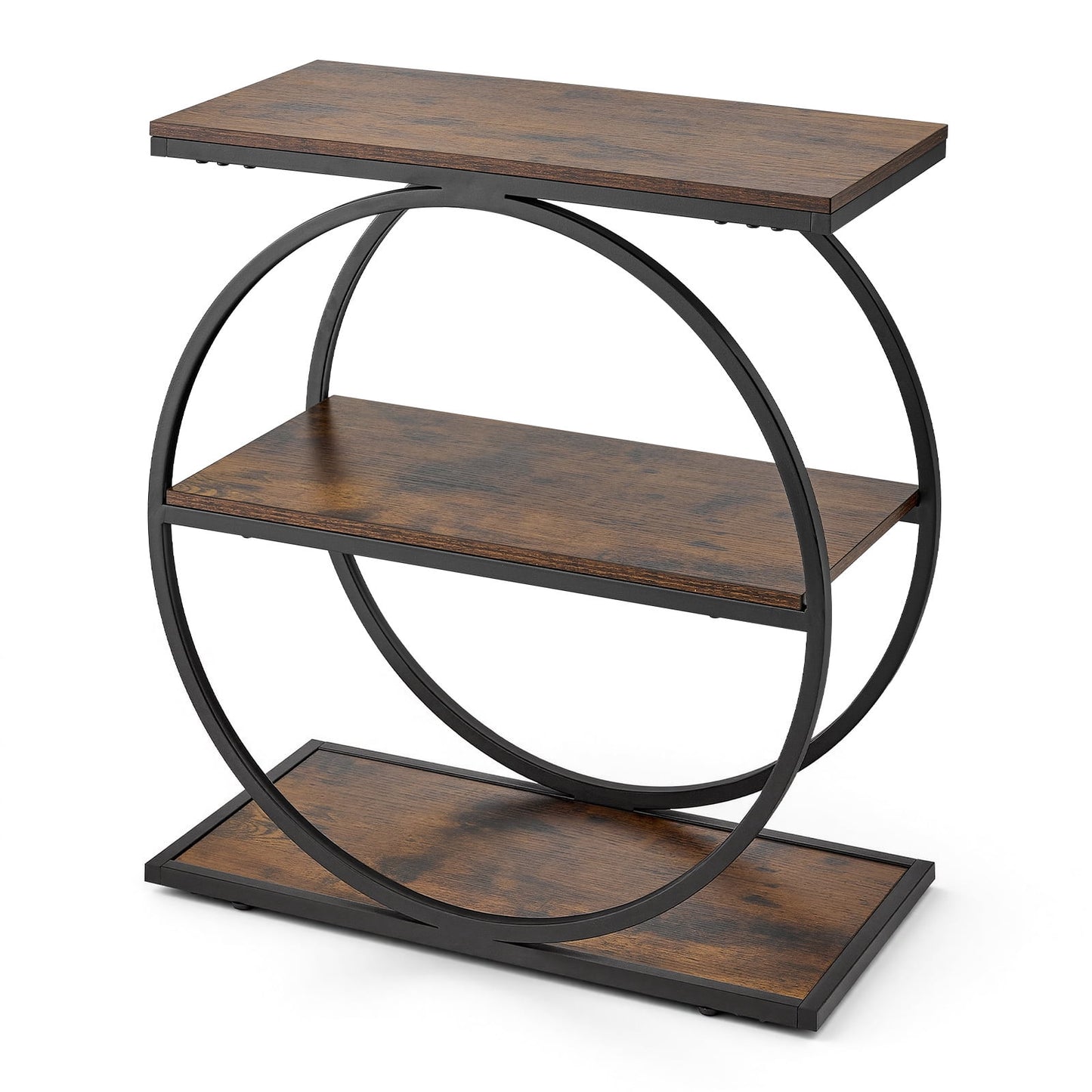 KFFKFF 3-Tier Narrow Side Table with Open Shelves, Modern Nightstand with Round Metal Frame, Wooden Sofa Coffee Table for Living Room, Bedroom, Office, Rustic Brown