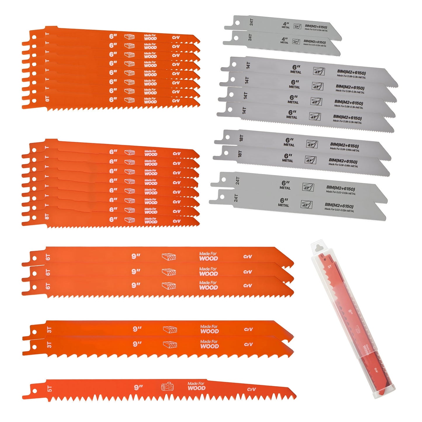 KFFKFF 32-Piece Reciprocating Saw Blade Set, Assorted Sizes Bi-Metal Blades with Universal Shank, Designed for Cutting Metal and Wood, Durable Teeth for Efficient and Clean Cuts, Orange and Gray
