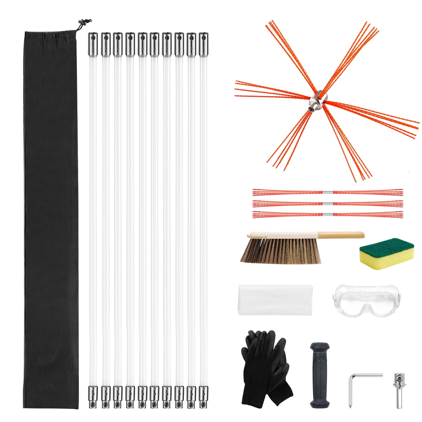 KFFKFF 33 ft Extendable Chimney Cleaning Kit with Bristle Replacements & Goggles, Flexible Design for 90° Angles, Suitable for Square and Rectangular Chimneys