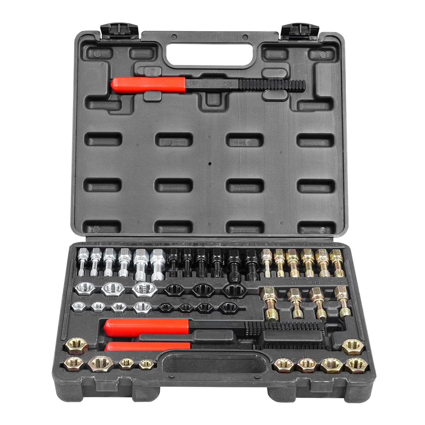 KFFKFF 49-Piece Thread Chaser Set with UNC, UNF, and Metric Thread Restorer Tools, Includes 22 Taps, 24 Dies, 3 Thread Files, and Storage Case, Made from Heat-Treated Steel for Mechanics