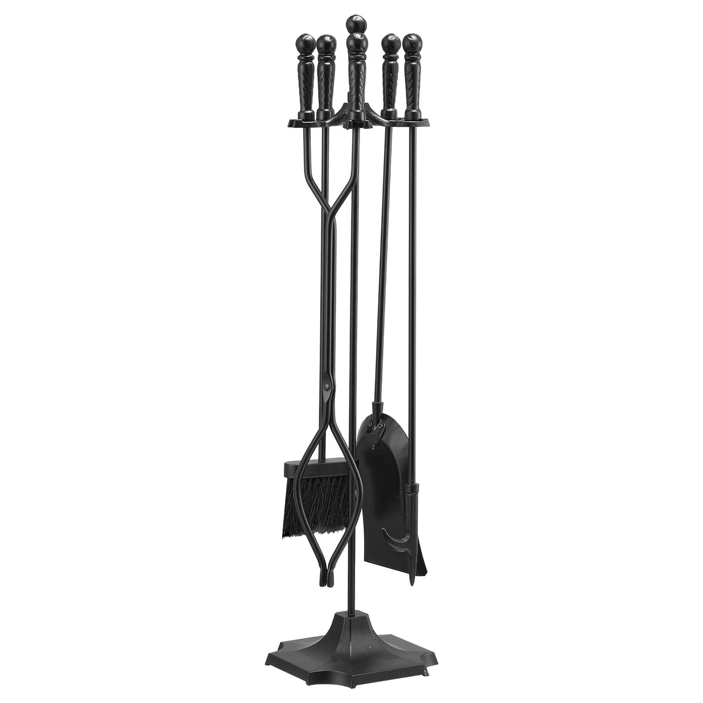 KFFKFF 5-Piece Fireplace Tool Set with Stand – Includes Tongs, Ash Shovel, Brush, Poker, and Holder – Durable Wrought Iron Accessories for Indoor and Outdoor Use, Black