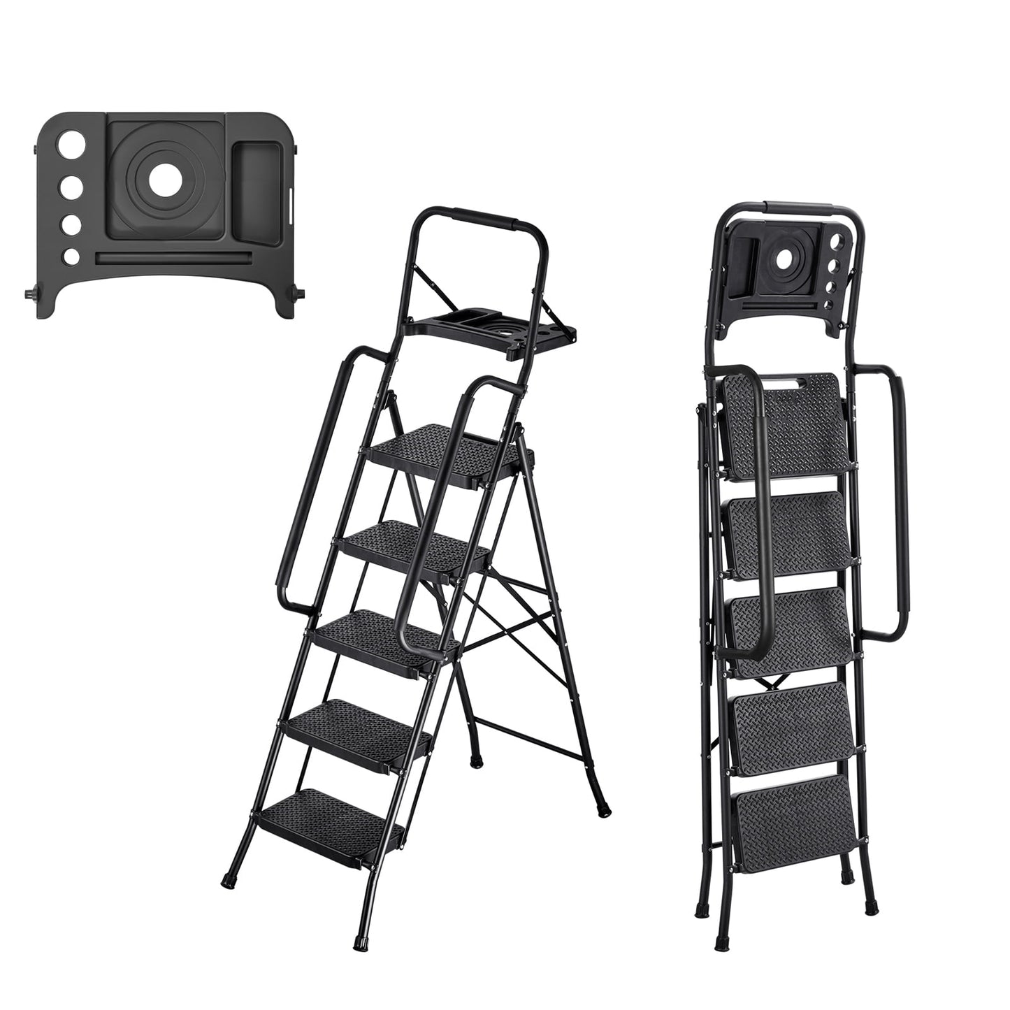 KFFKFF 5-Step Folding Ladder with Wide Non-Slip Pedals, Tool Tray, Dual Handrails, Capacity, Portable Steel Ladder for Kitchen, Home, and Office Use, Black