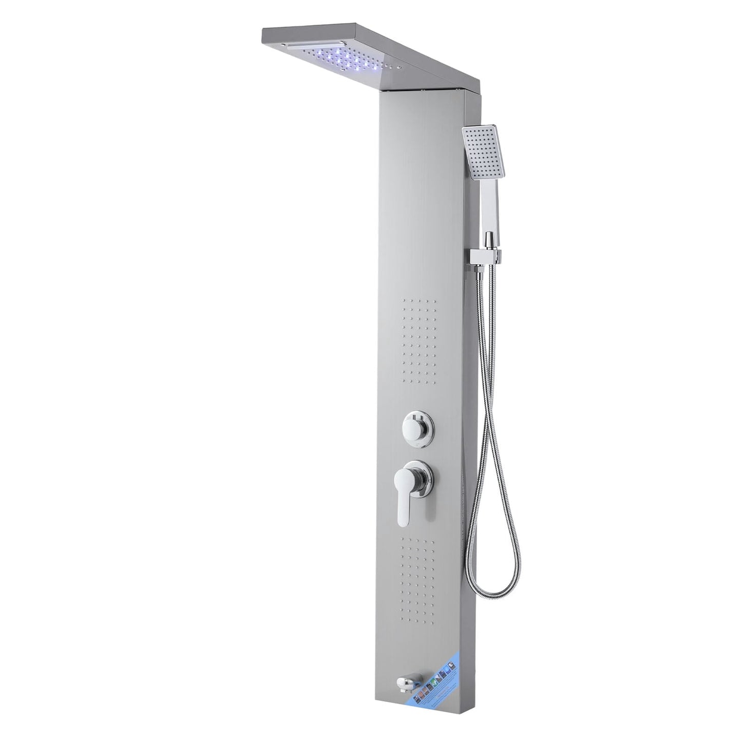 KFFKFF 53-Inch Brushed Stainless Steel Shower Panel System with Rainfall and Waterfall Shower Heads, LED Features, Wall-Mounted Design, 5-Function Faucet, Handheld Shower, and Tub Spout