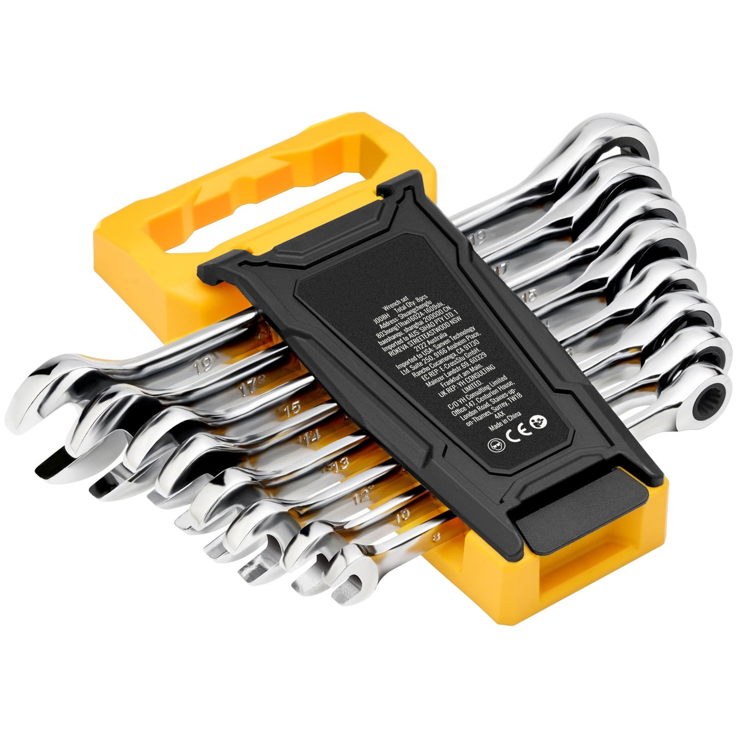 KFFKFF 8-Piece Ratcheting Wrench Set with Organizer Rack, Cr-V Steel, Metric Sizes 8 mm to 19 mm, Suitable for Household, Garage, Workshop, Auto Repairs, and Emergencies