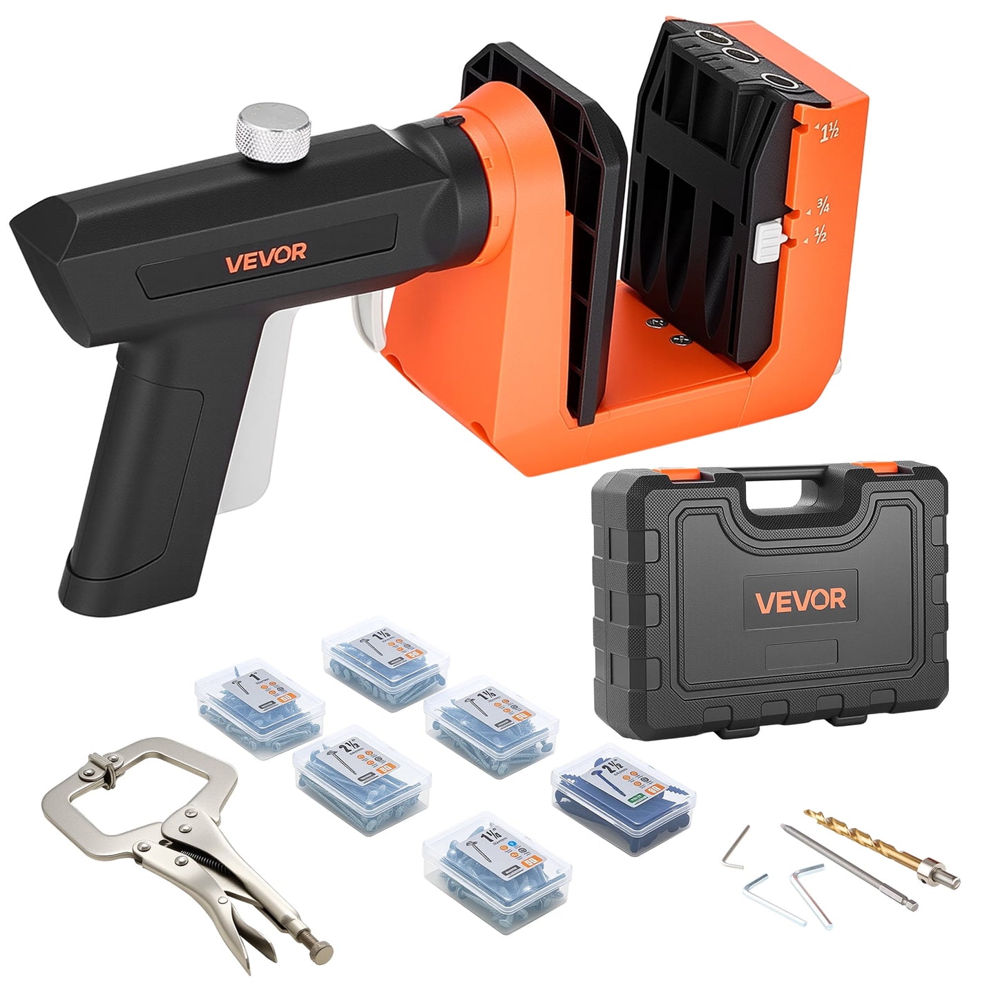 KFFKFF Adjustable Pocket Hole Jig Kit, Compatible with 1/2", 3/4", and 1-1/2" Materials, 360° Rotating Handle, Includes 260 Screws, C-Clamp, Stop Collar, Drill Bit, Designed for Efficient Woodworking