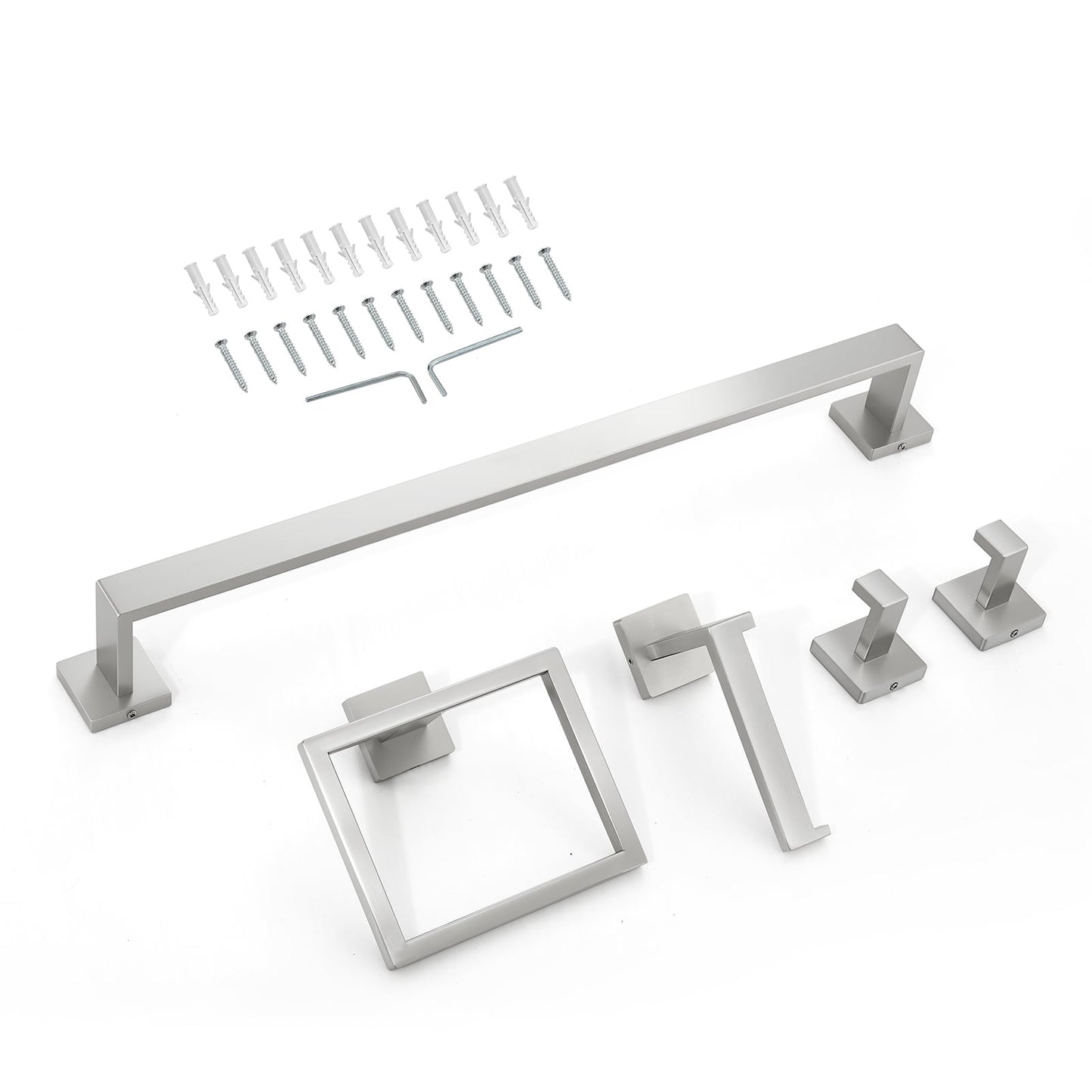 KFFKFF Brushed Nickel Bathroom Hardware Set, 5-Piece Bathroom Accessories Kit, Stainless Steel 24-Inch Towel Bar, Towel Rack, 2 Robe Hooks, Toilet Paper Holder for Bathroom, Wall Installation