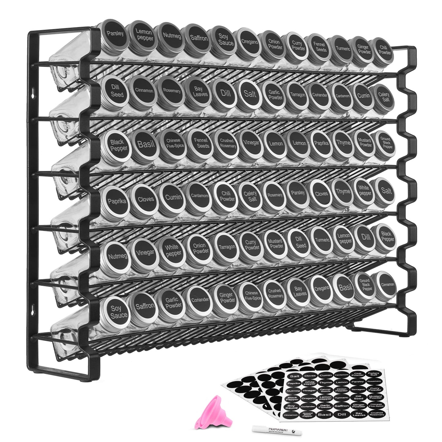 KFFKFF Cabinet Spice Storage Solution, Comes with 72 Blank Spice Containers, Caps, Spice Identifiers, and Funnel Full Kit, Condiment Holder for Kitchen Counter, Pantry, Closet
