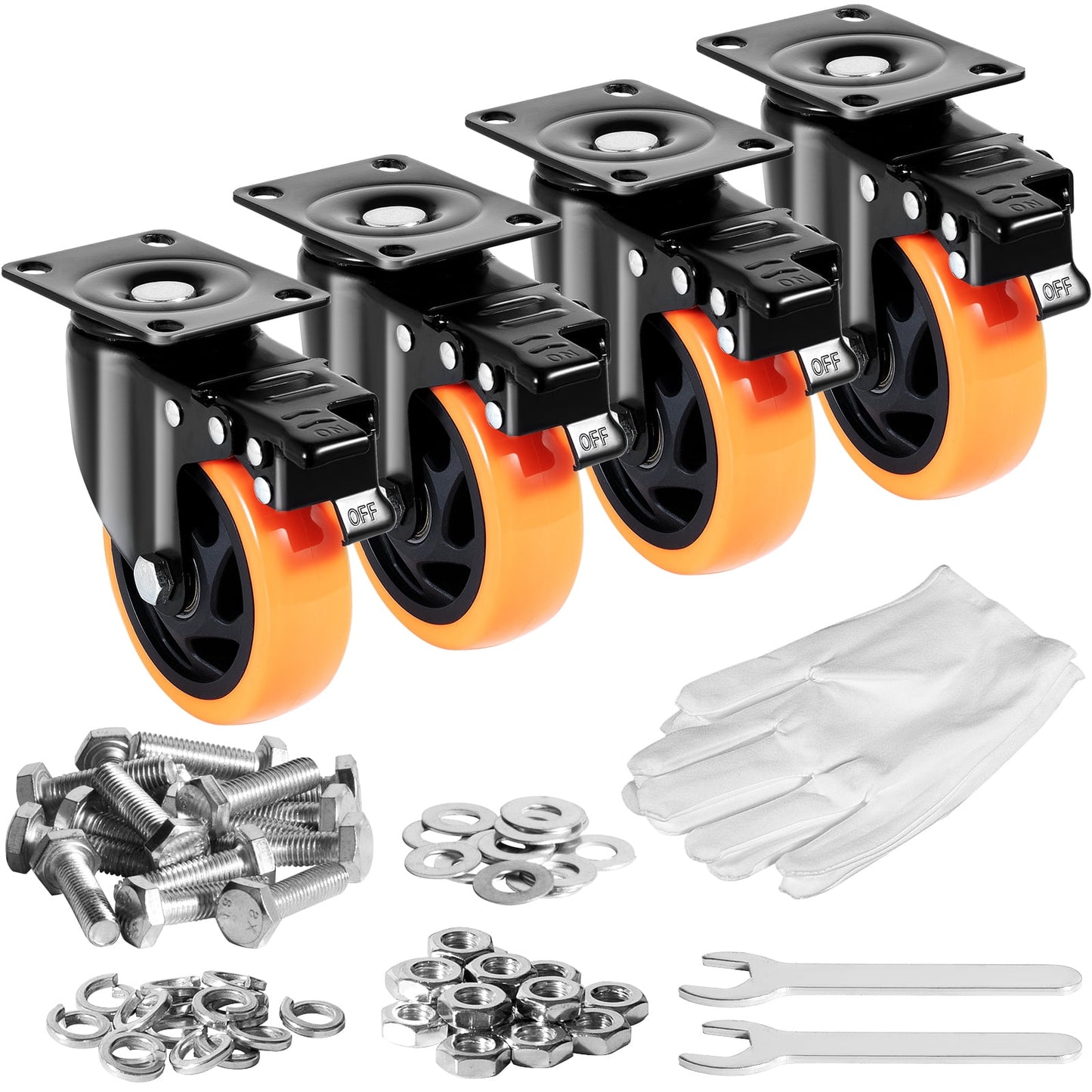 KFFKFF Caster Wheels, 4-inch Rotating Plate Casters, Pack of 4, featuring A/B Security Locks, Quiet PVC Wheels, Durable with a 350 lbs Weight Limit Each, Ideal for Carts, Furniture, and Workbenches