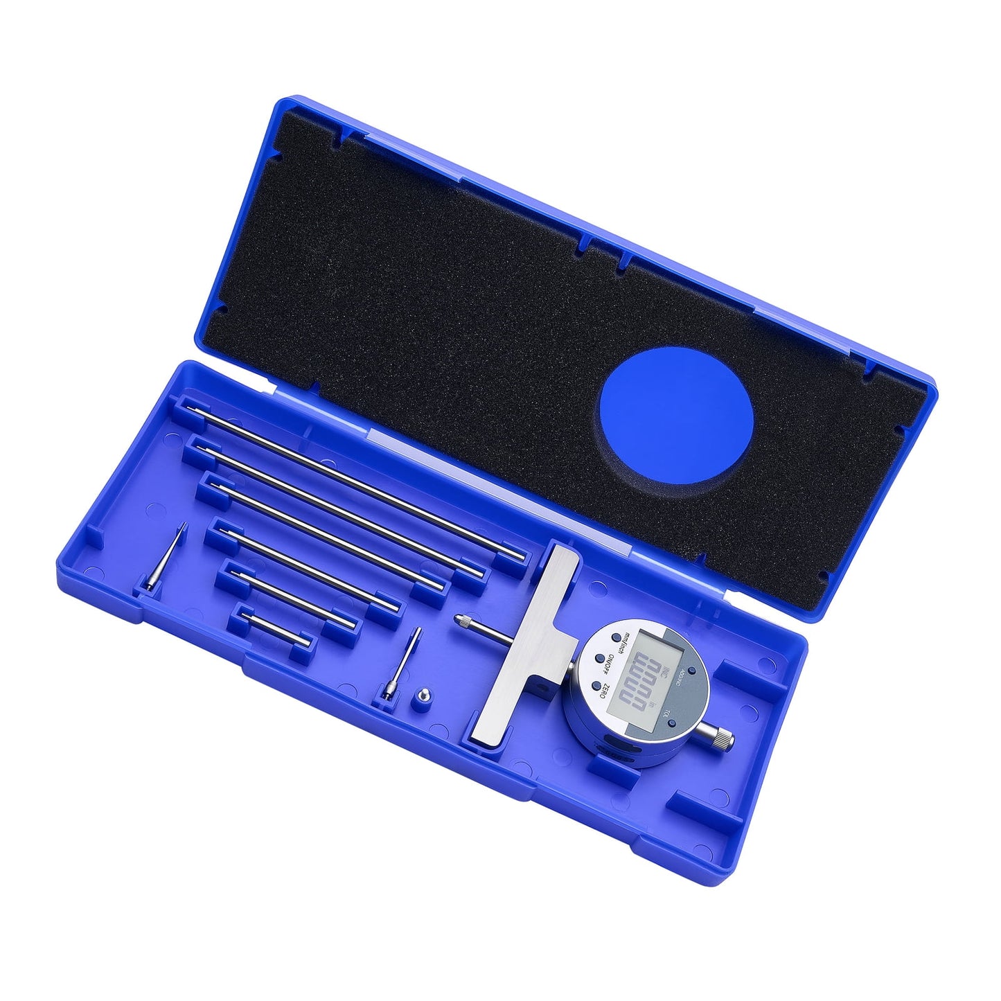 KFFKFF Digital Depth Gauge, Electronic Micrometer with 0-22 Inch Range, 0.0005" Resolution, Unit Conversion, and 4 Anvils for Measuring Grooves, Steps, and Holes