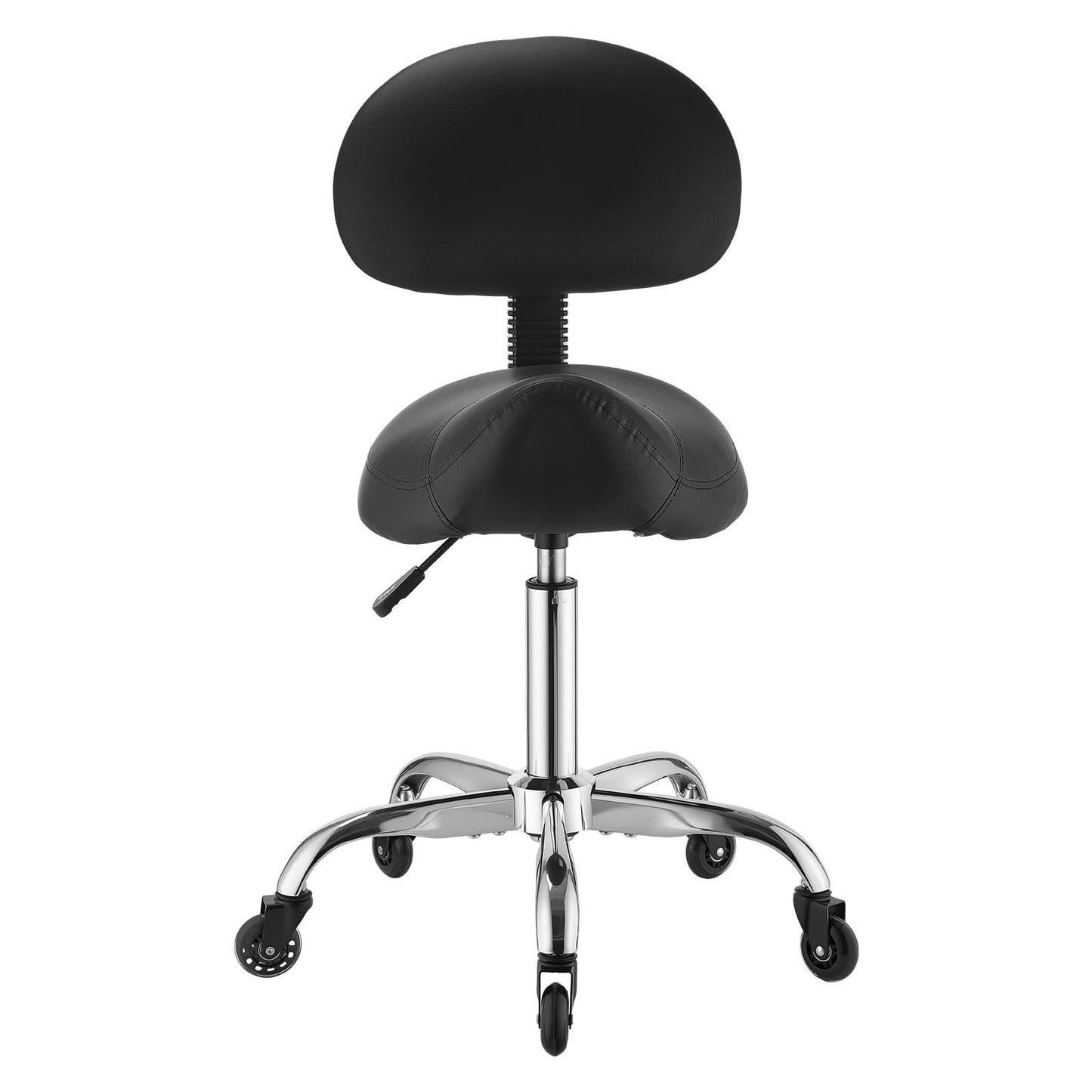 KFFKFF Ergonomic Saddle Stool with Backrest, 500 lbs Capacity, Adjustable Height, Smooth Casters, PU Leather Seat, 360° Swivel Rolling Chair for Salon, Spa, Bar, Medical Use, Black