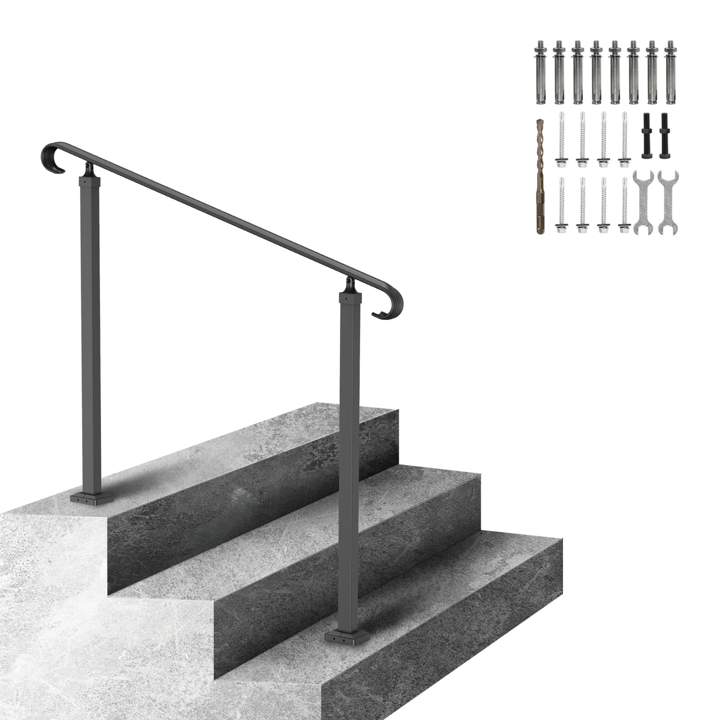 KFFKFF Handrails for Outdoor Steps, Adjustable Wrought Iron Railing for 1-3 Steps, Outdoor Stair Handrail, Black Porch Railings for Concrete or Wooden Stairs