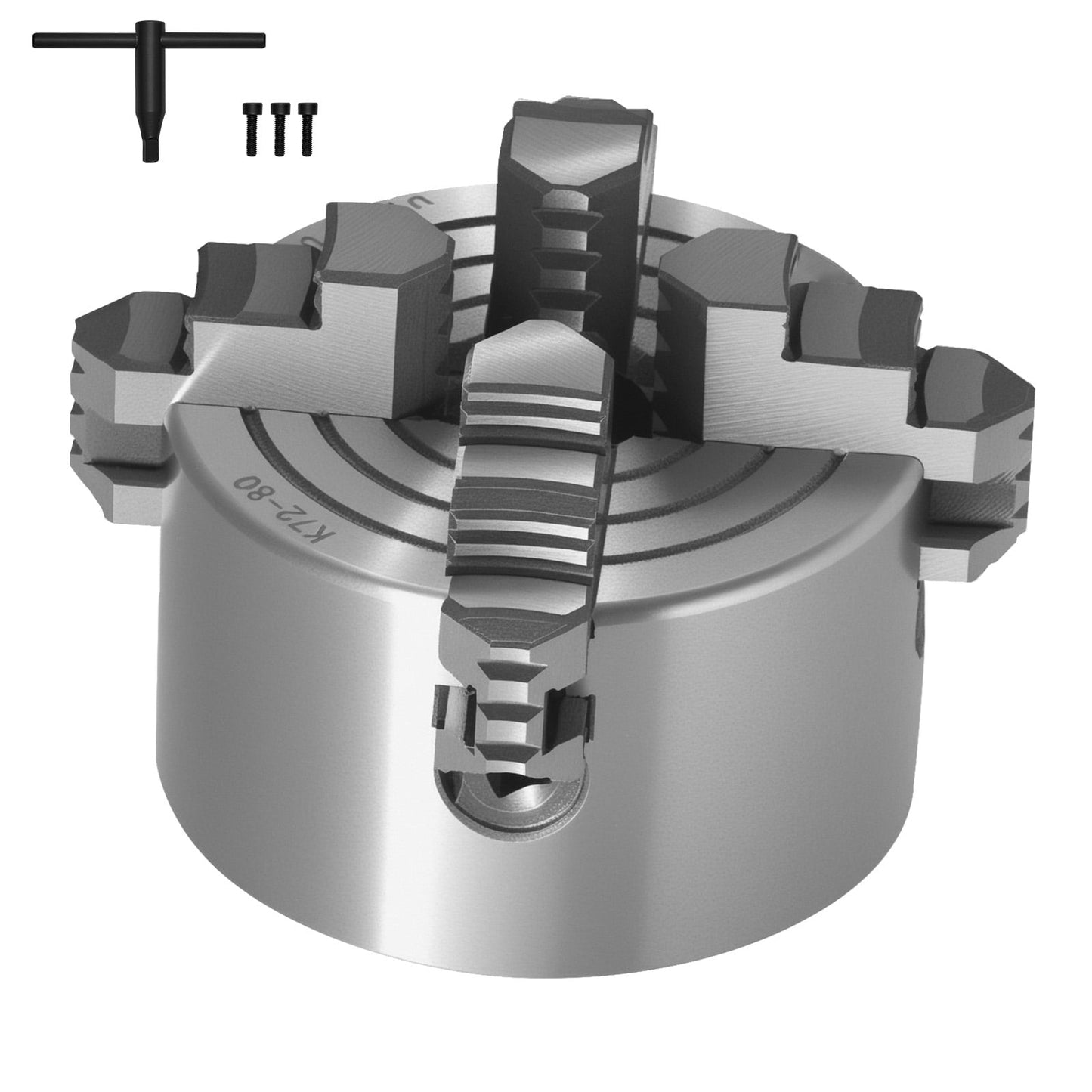 KFFKFF Lathe Chuck with Four Jaws, 3-Inch Diameter (80 mm), Clamping Range from 0.1 to 3.15 inches (5-80 mm), Comes with T-Key and Reversible Jaws, Made of HT300 Material