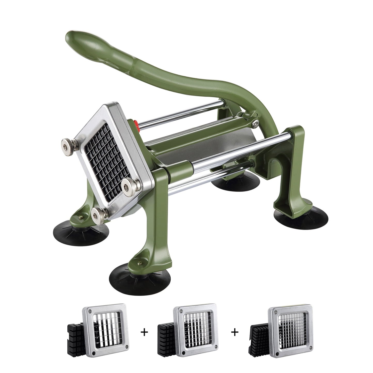 KFFKFF Manual French Fry Cutter with Stainless Steel Blades, Includes 1/2", 3/8", 1/4" Options, Vegetable Slicer with Suction Cups, Ideal for Potatoes, Fries, Cucumbers, Carrots, and More