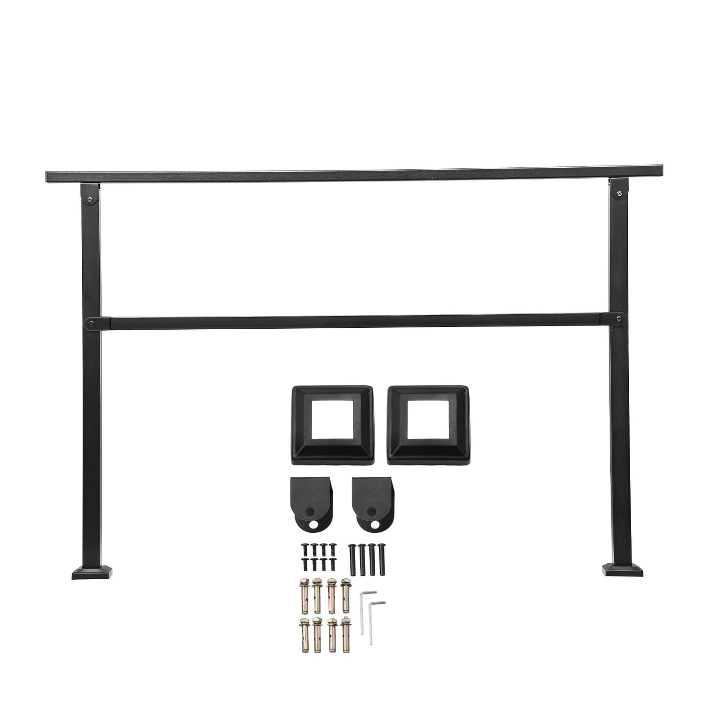 KFFKFF Outdoor Stair Handrails for 4-5 Steps, Black Square Tube Design with Horizontal Bar, Durable Carbon Steel Support for Concrete and Deck Stairs, Simple Installation