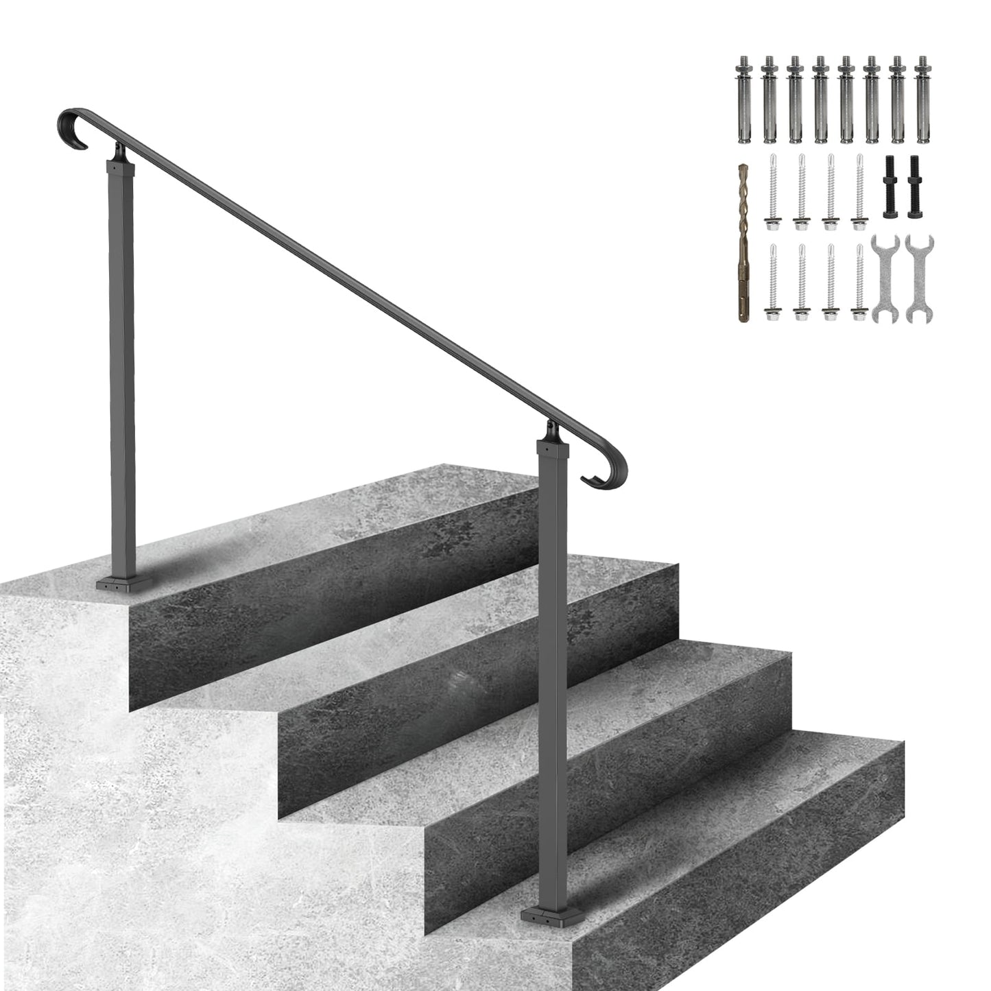KFFKFF Outdoor Stair Handrails, Suitable for 3-5 Steps, Wrought Iron Railing, Adaptable Front Porch Rail, Black Transitional Railings for Concrete or Wooden Steps