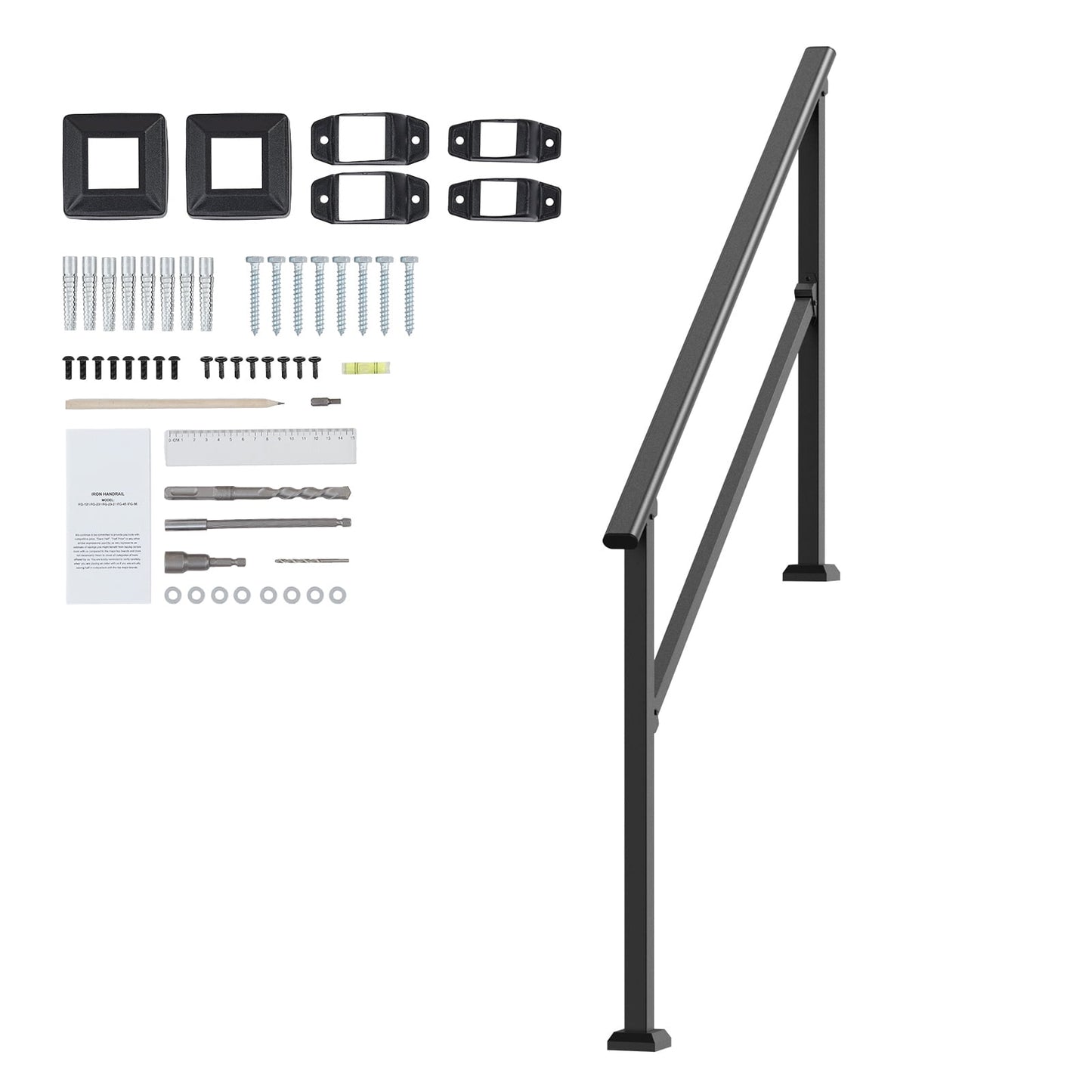 KFFKFF Outdoor Step Handrails, Fits 4-5 Steps, Sturdy Carbon Steel Stair Rail Kit with Install Tools, Safety Hand Rails for Seniors, Ideal for Concrete Steps, Porches & Decks, Square Black Design
