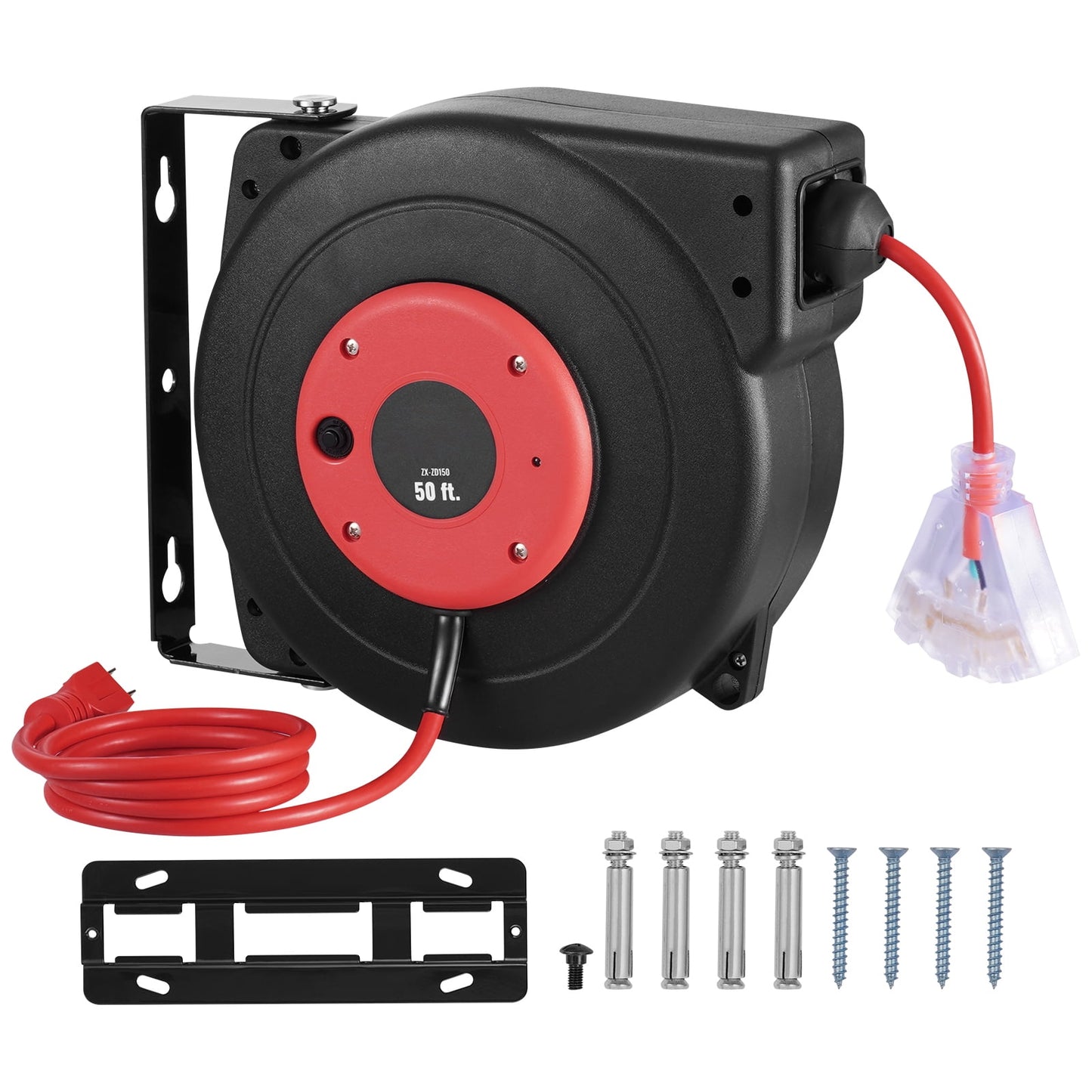 KFFKFF Pull-Out Power Cable Reel, 50 FT, Robust 14AWG/3C SJTOW Retractable Electrical Wire with Illuminated Triple Tap Outlet, 13 Amp Circuit Interrupter 180° Pivoting Bracket for Ceiling