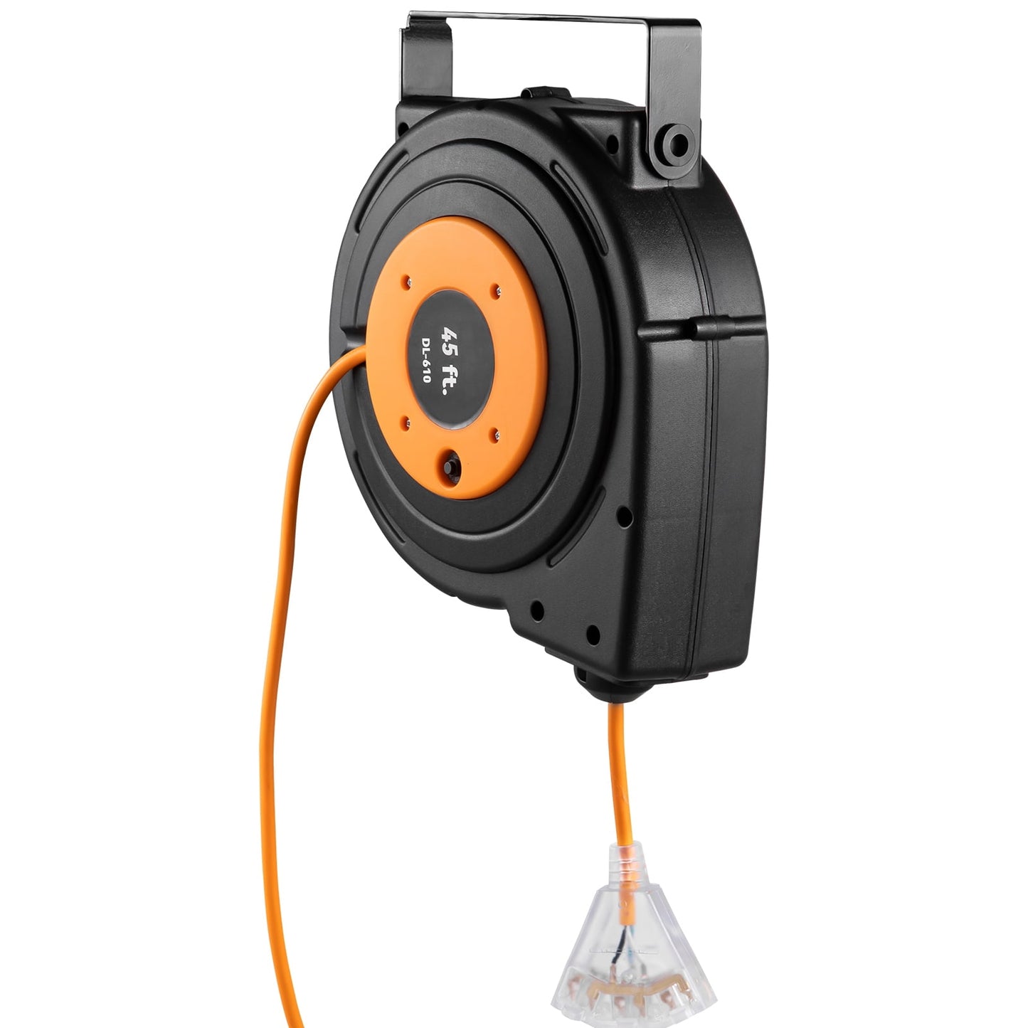 KFFKFF Retractable Extension Reel, Heavy Duty 12AWG/3C SJTOW Power Cord 45 FT, Black, Tested for Durability