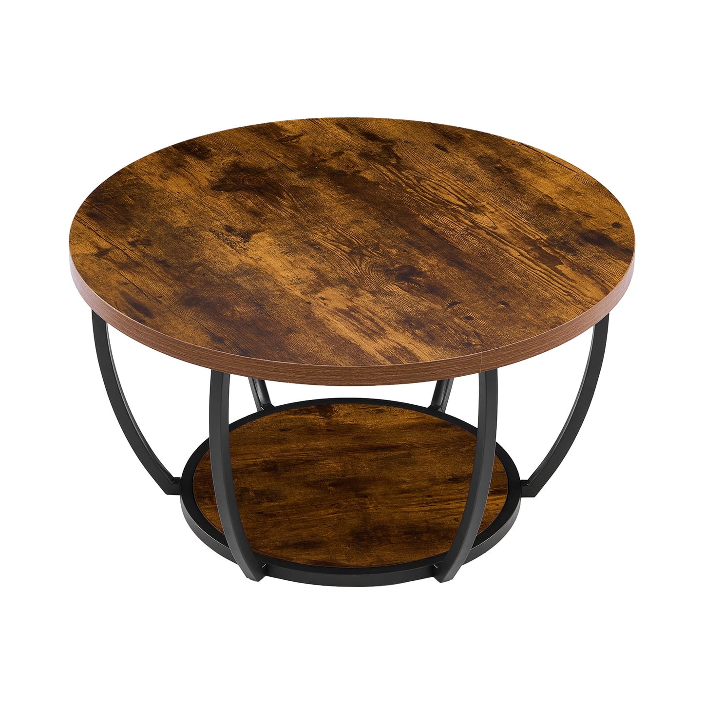 KFFKFF Round Coffee Table, Modern 2-Tier Wooden Center Table with Open Storage, Minimalist Metal Frame Design for Living Room or Office, Easy to Assemble, Rustic Brown Finish