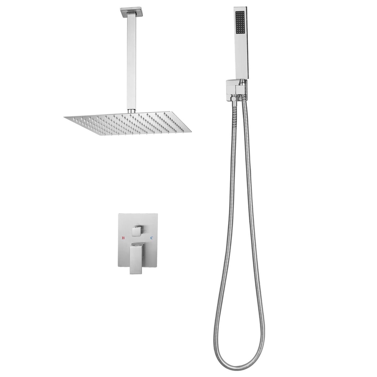 KFFKFF Shower Faucet Set with 12-Inch Rain Shower Head and Handheld Spray, Ceiling-Mounted Bathroom System with Brass Valve and Trim Kit, Brushed Nickel Finish