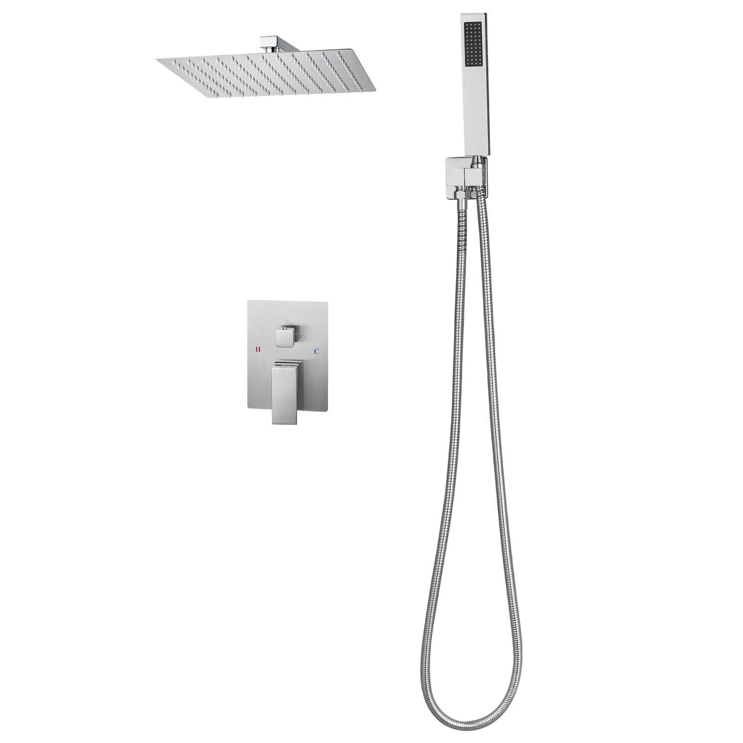 KFFKFF Shower Faucet Set with 12-Inch Square Rain Shower Head and Handheld Spray, Wall-Mounted Bathroom Fixtures with Brass Valve and Trim Kit, Brushed Nickel Finish