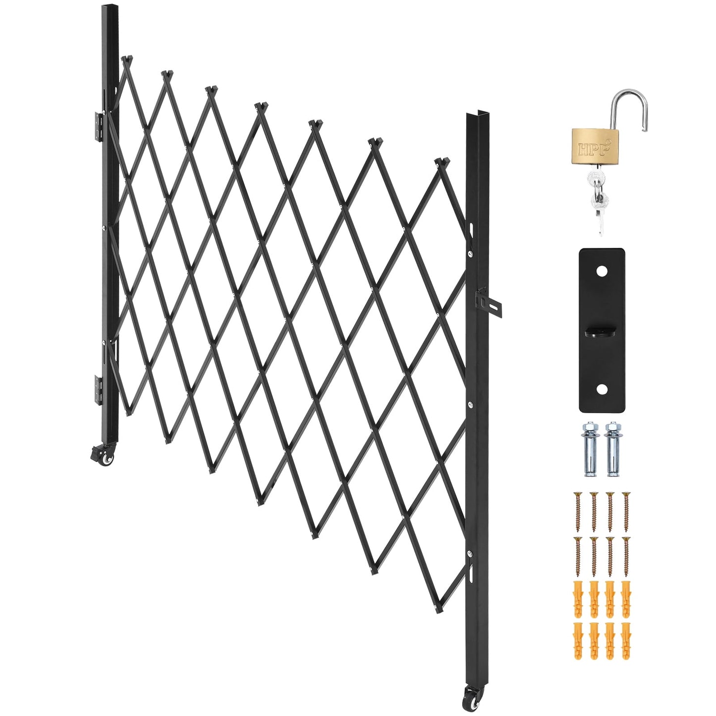 KFFKFF Single Folding Security Gate, Lockable Scissor Gate with Swivel Casters, Steel Retractable Gate for Entryways, Garages, Warehouses, and Pools, 70.87 x 63.39 in (W x H)