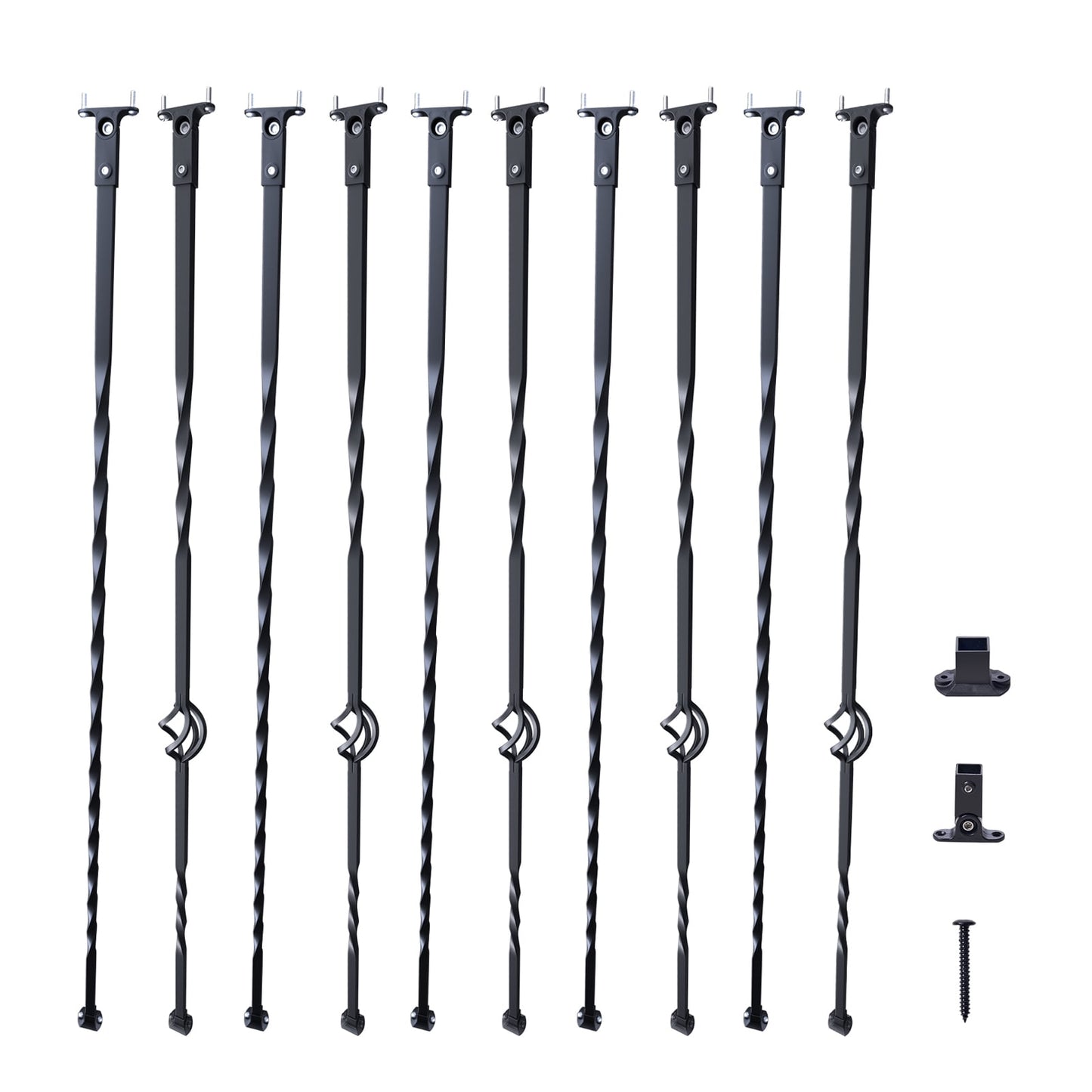 KFFKFF Staircase Metal Balusters, 44'' x 1/2" Galvanized Steel Decorative Banister Spindles, 10-Pack Deck Baluster with Hollow Basket and Twist Design, Spiral Stair Railing with Shoes and Screws