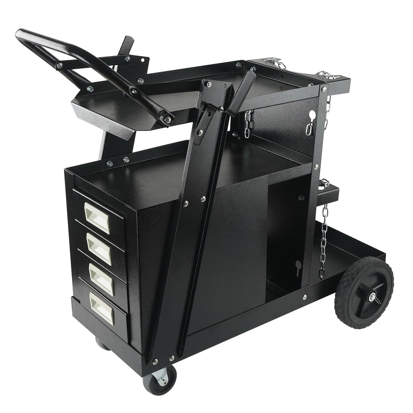KFFKFF Welding Cart, Dual-Level 4-Compartment Welder Trolley with a Load Capacity of 265 LBS, 360° Rotating Wheels, Cylinder Storage Safety Chains, Robust Mobile MIG Welder Trolley