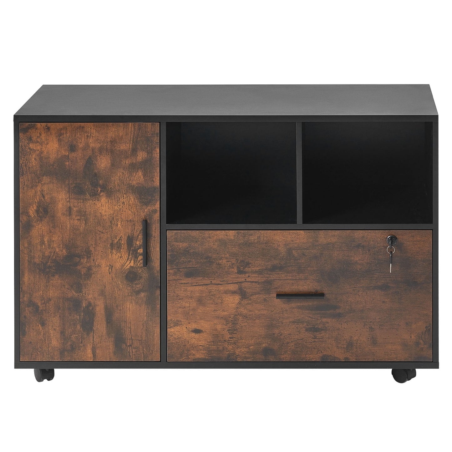 KFFKFF Wood File Cabinet with Wheels, Mobile Filing Storage Unit with Adjustable Shelves, Lockable Lateral Drawer, Freestanding Printer Stand for Home, Office, or School, Rustic Brown