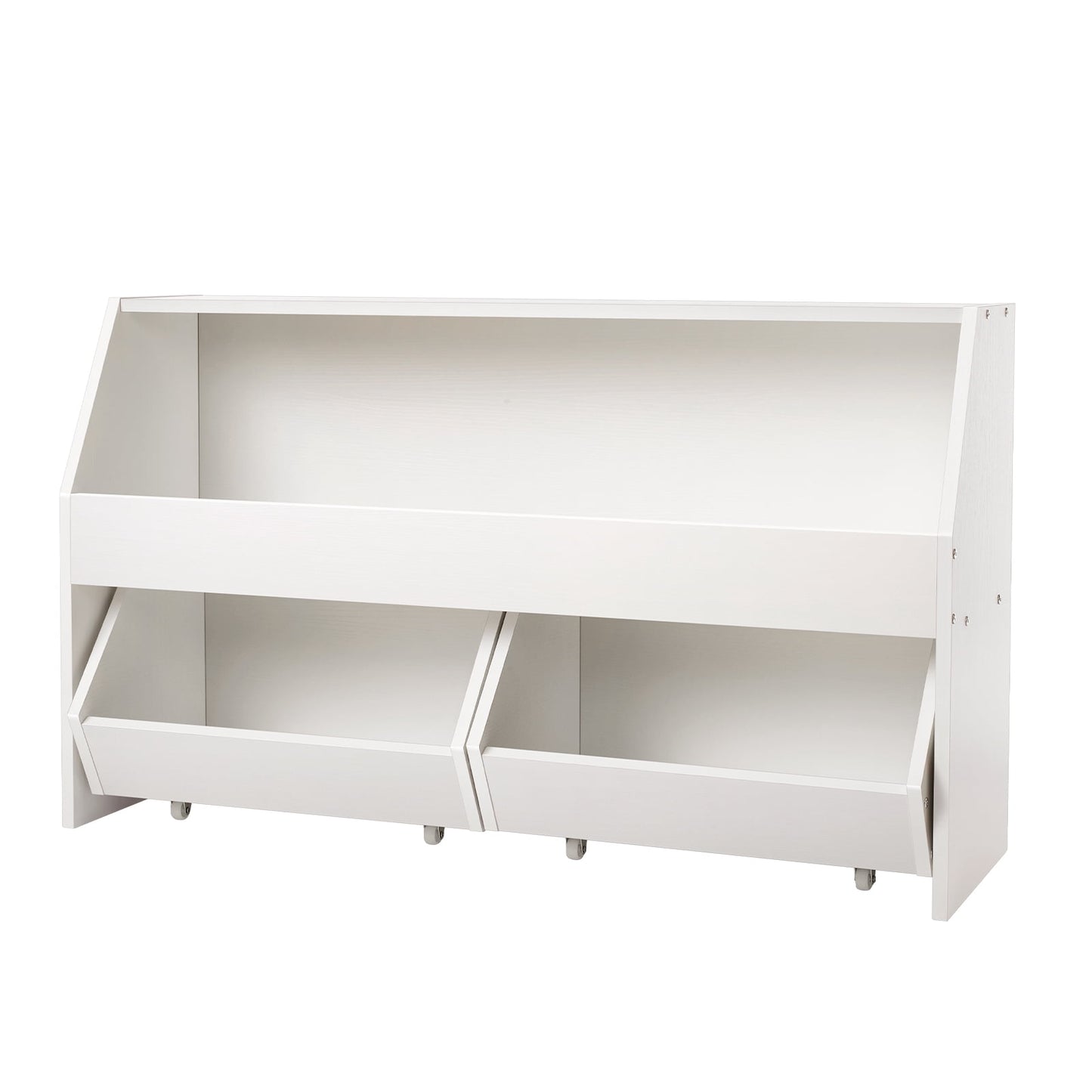 KFFKFF Wooden Kids Storage Organizer with Bookshelf, Toy Cabinet Featuring 2 Mobile Drawers, Ideal for Bedroom, Nursery, Living Room, Entryway, or Preschool, White