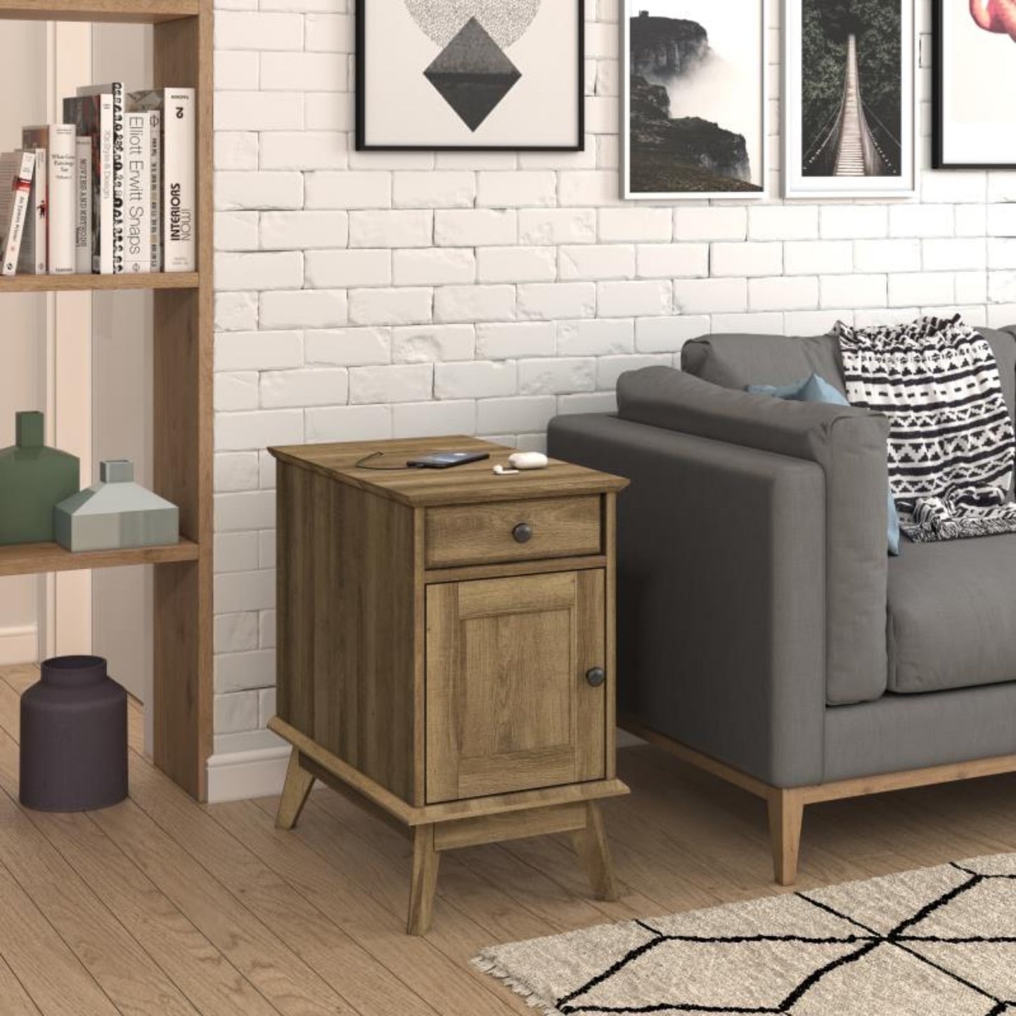 KOWO Scandinavian Rectangle Indoor Scandinavian Portable Wood and Laminated Oak End Table, Golden Oak