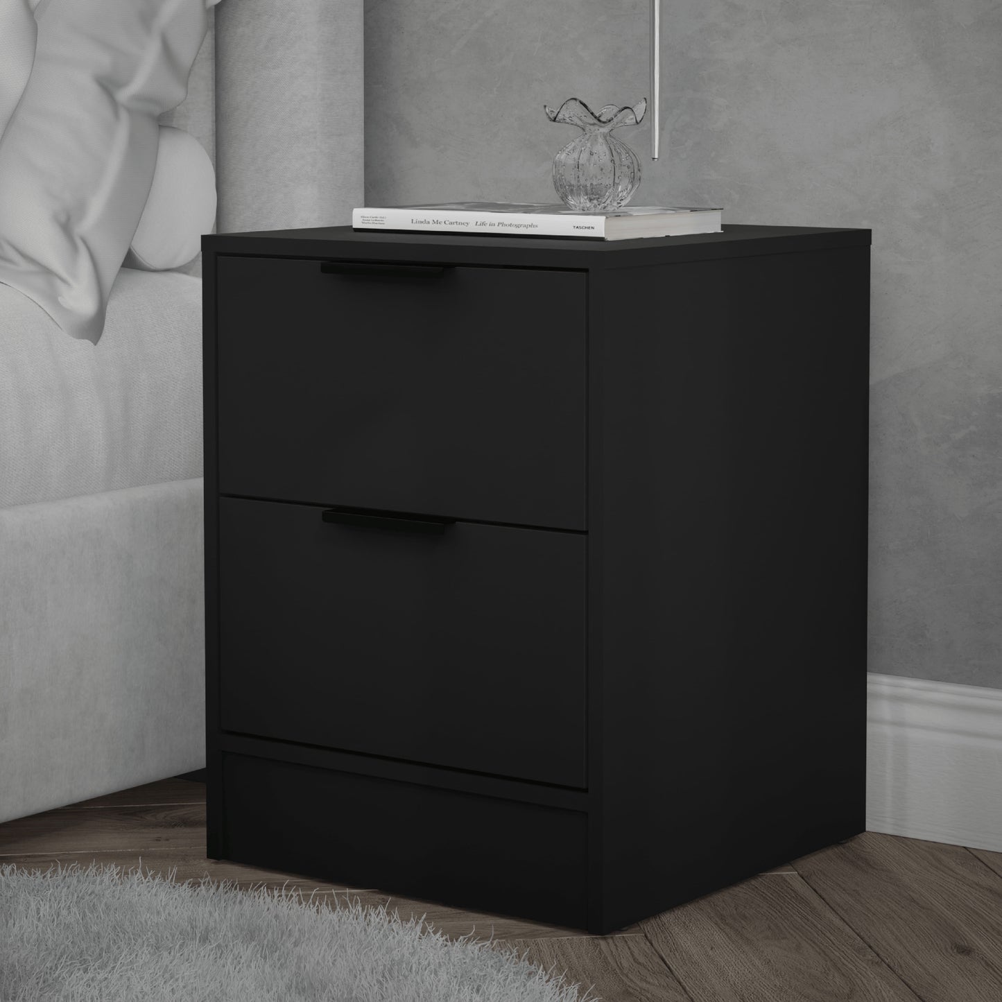 Kappesberg Fresno 2-Drawer Nightstand, Black Matte Finish – Modern Bedroom Storage for Adults & Teens