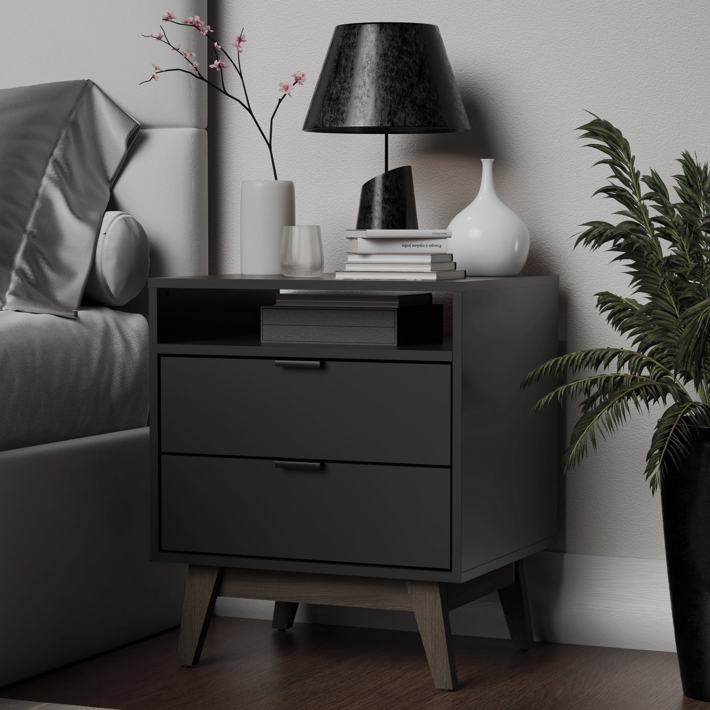 Kappesberg Hanford 2-Drawer Nightstand with Open Shelf & Cable Management, Black/Brown - for Adults and Teens